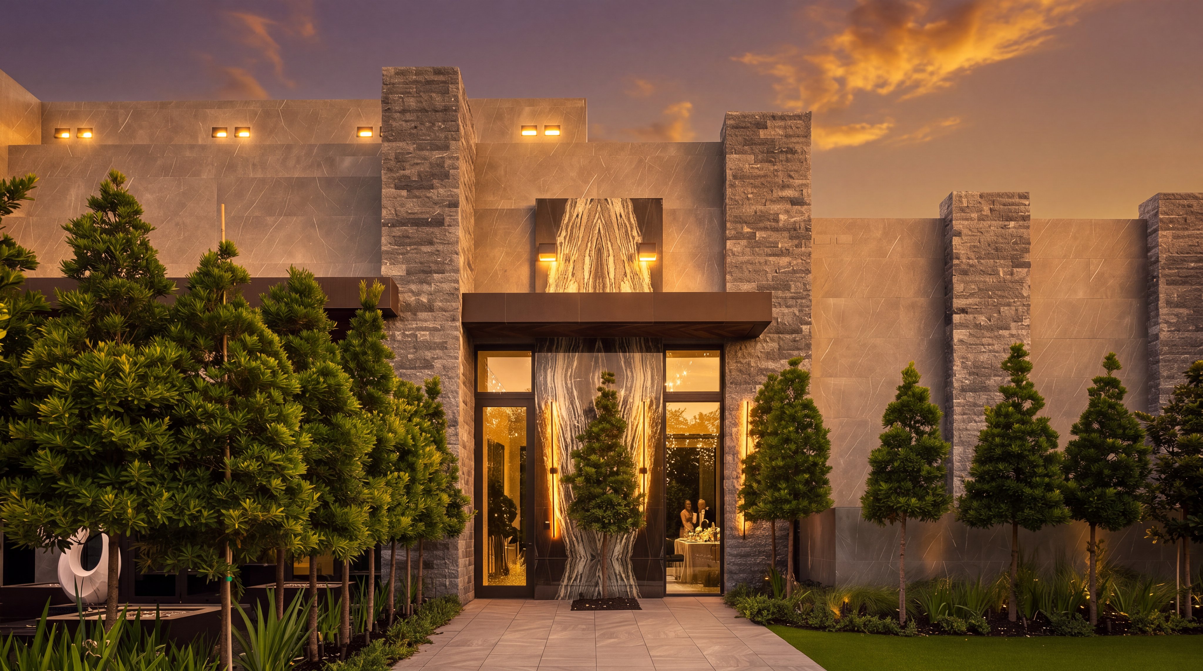This striking modern entryway features a bold, symmetrical facade composed of large, smooth gray panels and textured stone pillars. A central focal point is created by a dramatic, vertically oriented stone slab with swirling patterns that frames the glass front door. The scene is completed by a manicured lawn, a paved walkway, and a row of neatly trimmed trees that lead the eye toward the grand entrance.