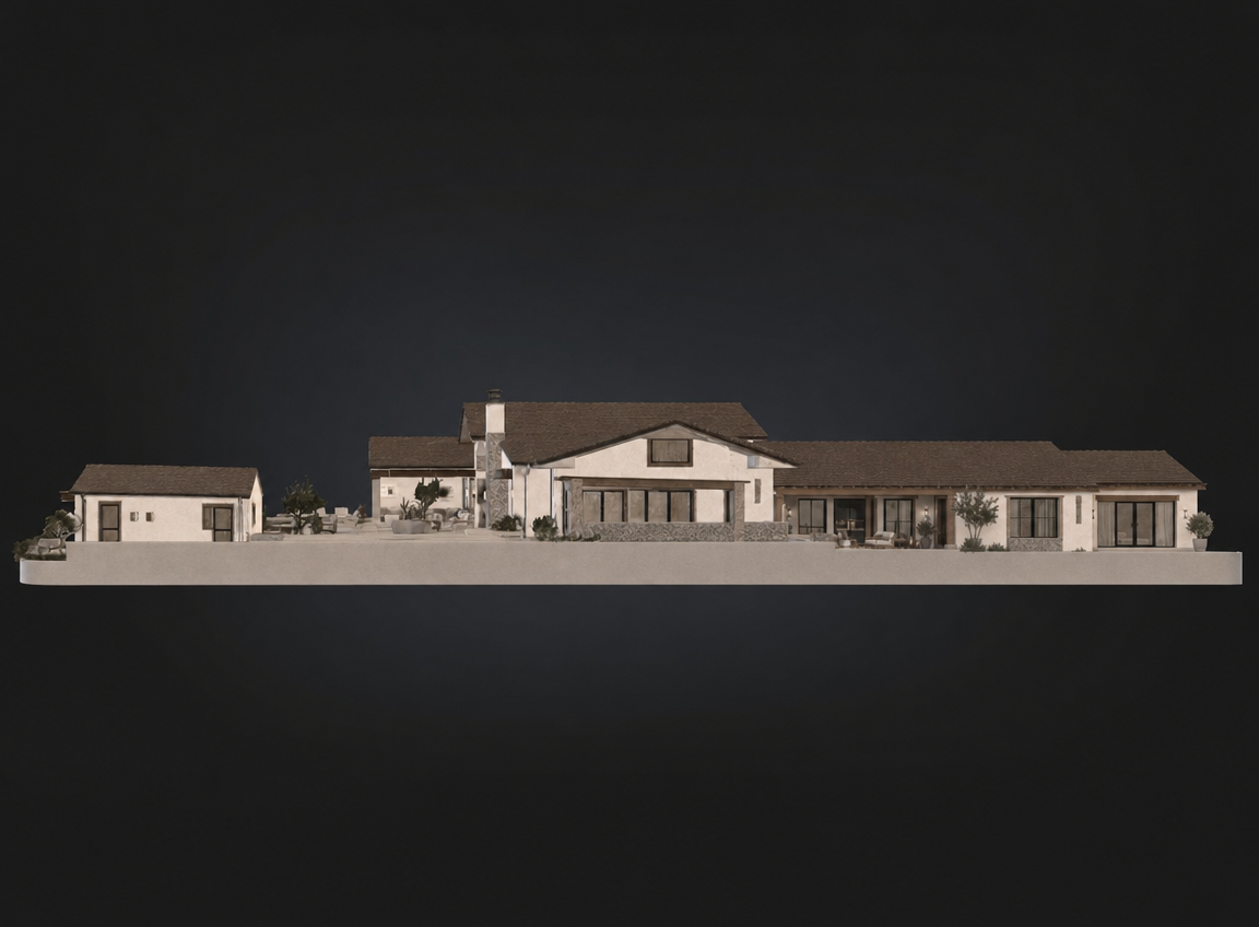 This is a comprehensive architectural elevation view of a large, single-story modern farmhouse-style residence. The home features a mix of light-colored stucco and natural stone accents, complemented by warm wood trim and a dark pitched roof. The long, horizontal layout includes multiple glass doors and windows, suggesting a seamless integration between indoor living spaces and a spacious rear patio area.