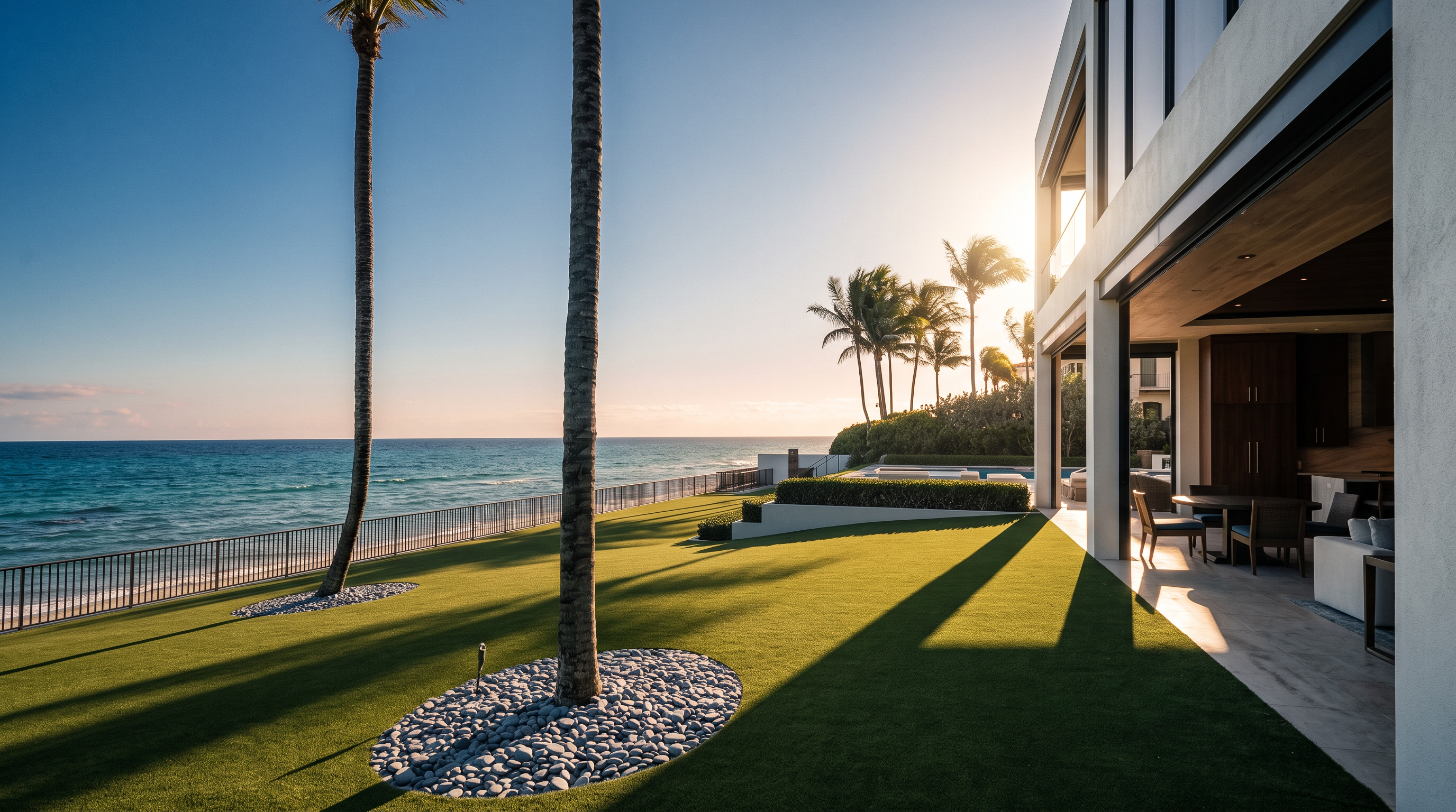This stunning oceanfront property features a meticulously manicured lawn that extends toward a black metal fence overlooking the turquoise sea. Tall palm trees frame the expansive view, while a paved patio area provides a seamless transition from the home's interior to the outdoor space. The scene captures a serene, high-end coastal lifestyle with clear blue skies and a direct connection to the beach.