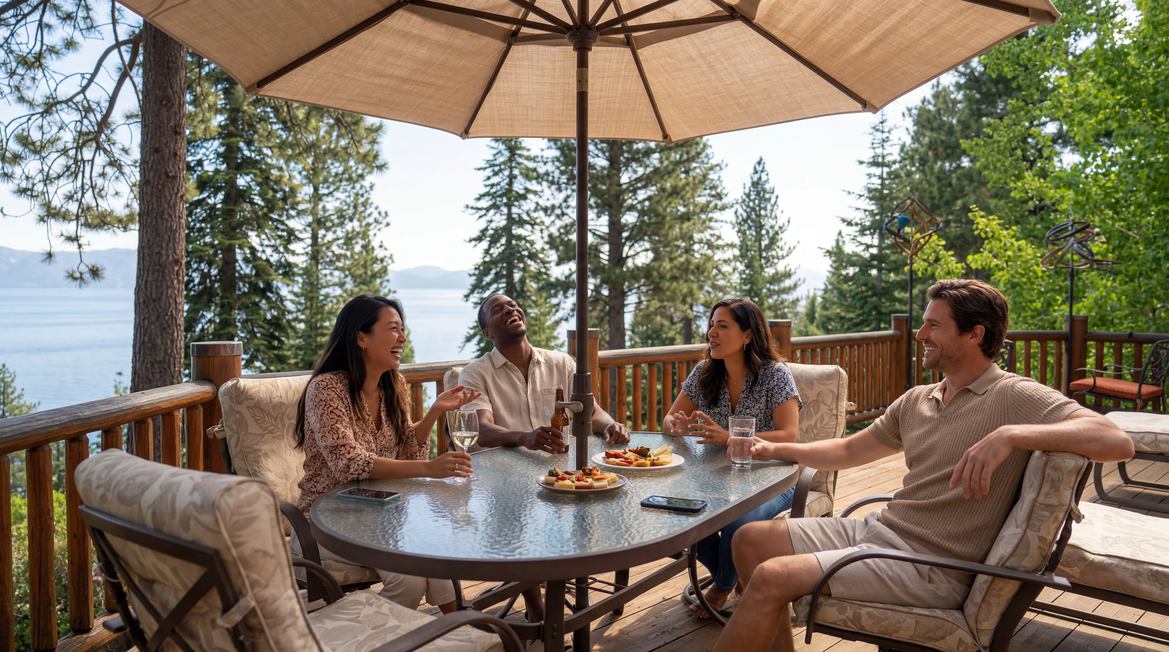 This scenic outdoor deck provides an ideal space for entertaining, featuring a glass-top dining table shaded by a large patio umbrella. The setting offers breathtaking, elevated views of a lake framed by lush pine trees, creating a serene and private atmosphere. The deck is constructed with wood railings, adding to the rustic charm of this desirable retreat.
