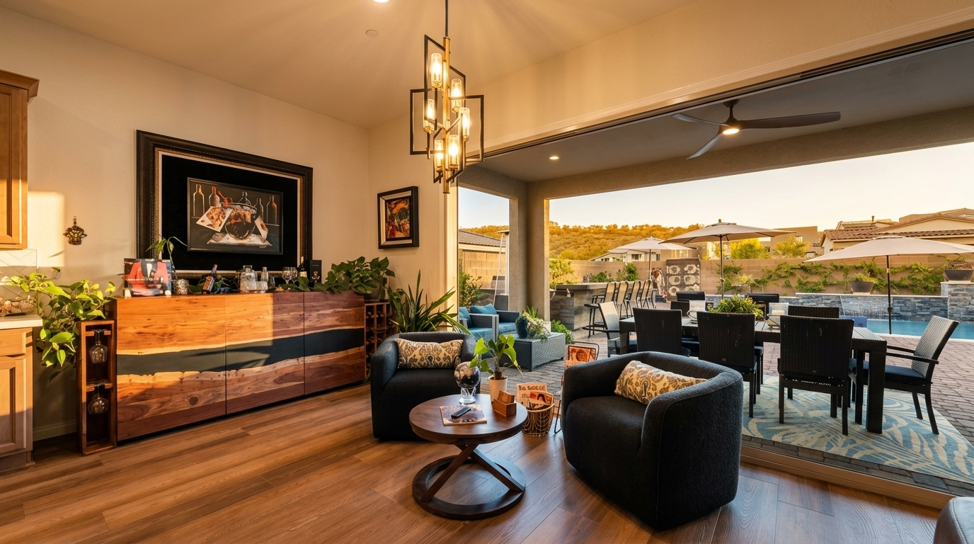 This contemporary living space features warm wood-toned flooring and a striking live-edge wood console table topped with decor and greenery. Two dark, plush armchairs are arranged around a circular wooden coffee table, creating an intimate seating area. Large sliding glass doors provide a seamless transition to an outdoor patio and pool area, filling the room with natural light.