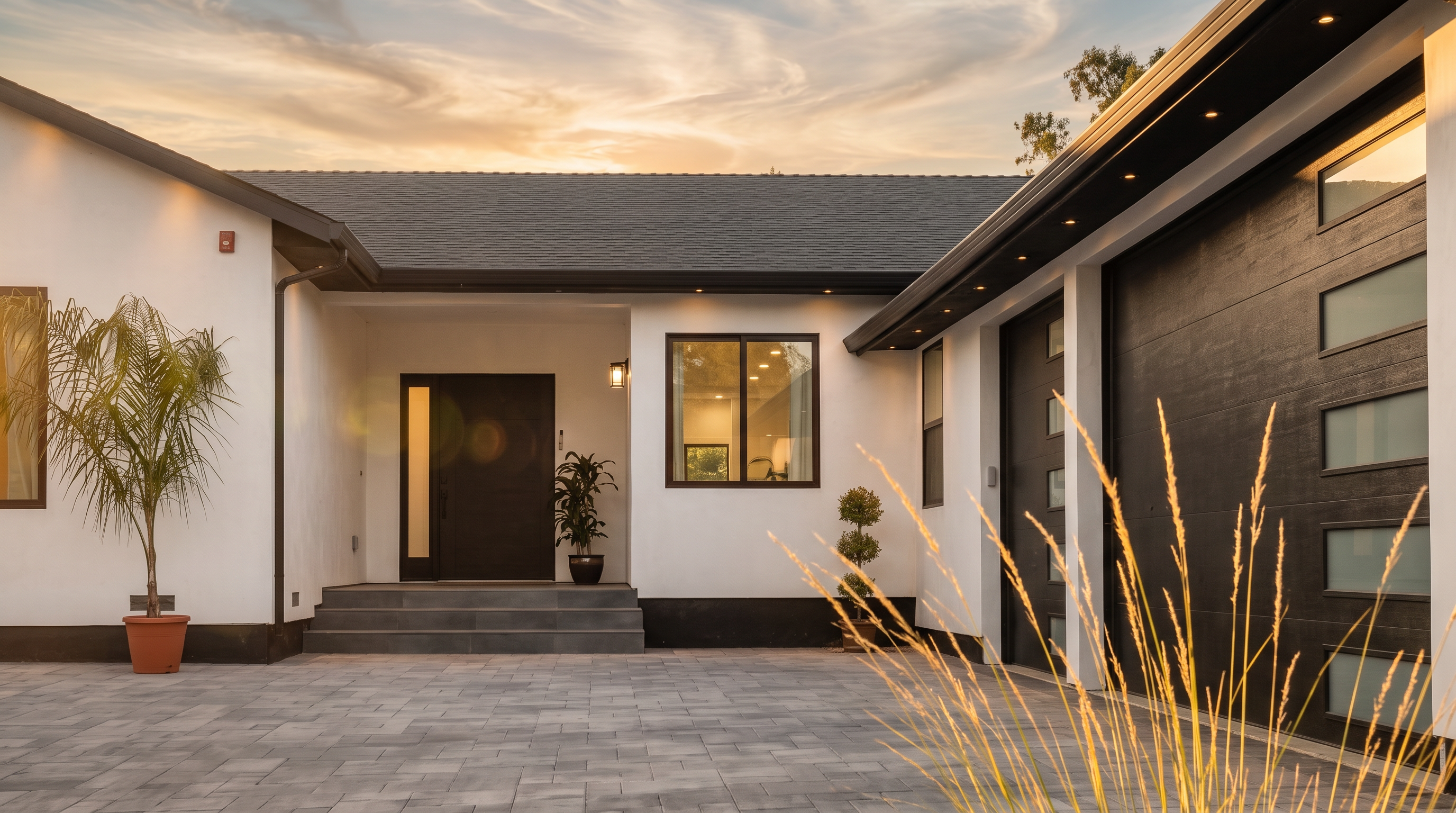 This modern, single-story home features a striking high-contrast exterior with crisp white stucco walls and dark trim. The property includes a spacious paver driveway leading to a multi-car garage with contemporary horizontal-slat doors, while a landscaped entryway with steps invites guests to the front door. The scene is captured at dusk, with warm exterior lighting accentuating the architectural lines against a vibrant, colorful sunset sky.
