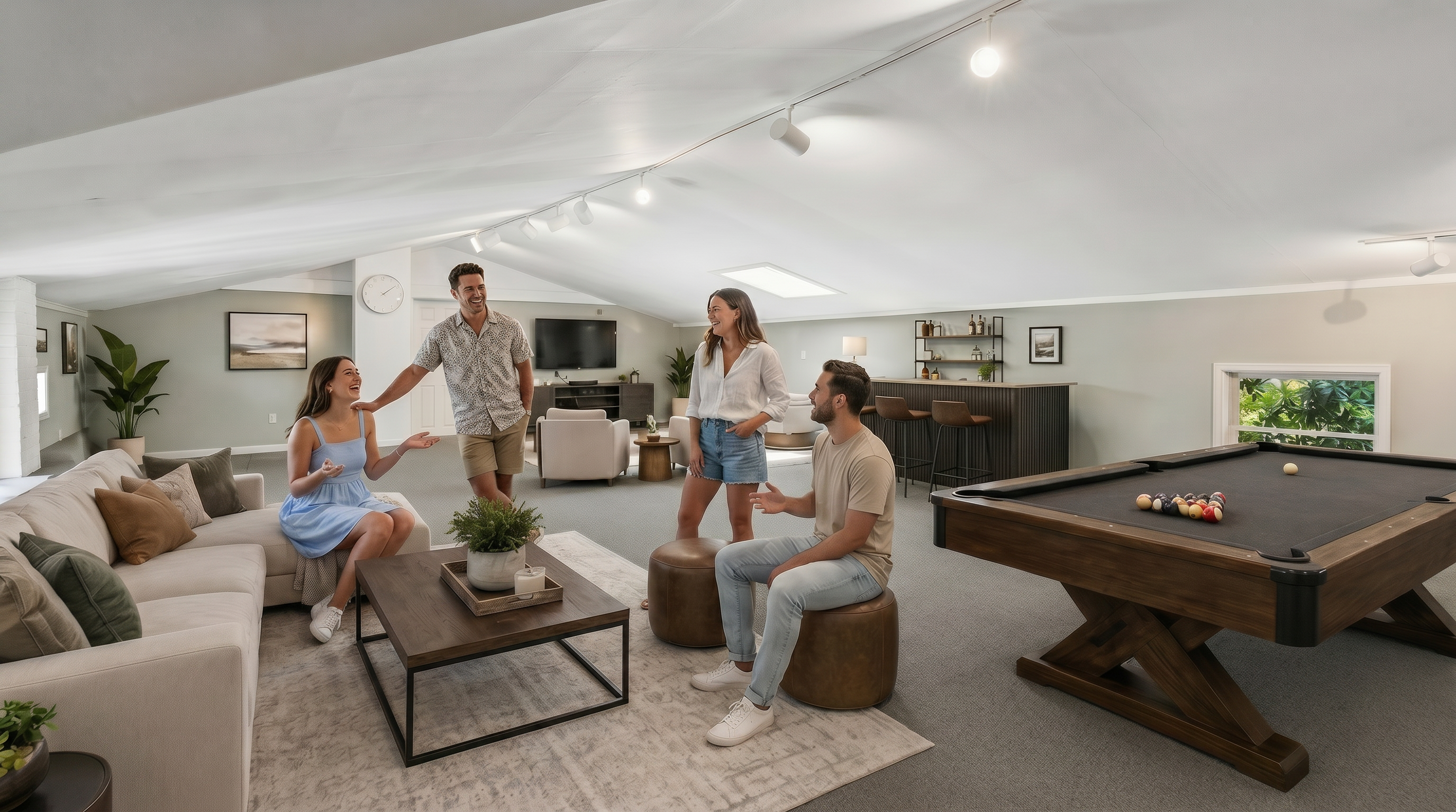 This spacious, open-concept attic living area features a vaulted ceiling and a neutral color palette, creating a versatile entertainment space. The room is furnished with a large sectional sofa, a pool table, and a built-in bar area, making it ideal for hosting guests. The layout is brightened by recessed track lighting and a skylight, while the carpeted flooring provides a comfortable foundation for the various seating and gaming zones.