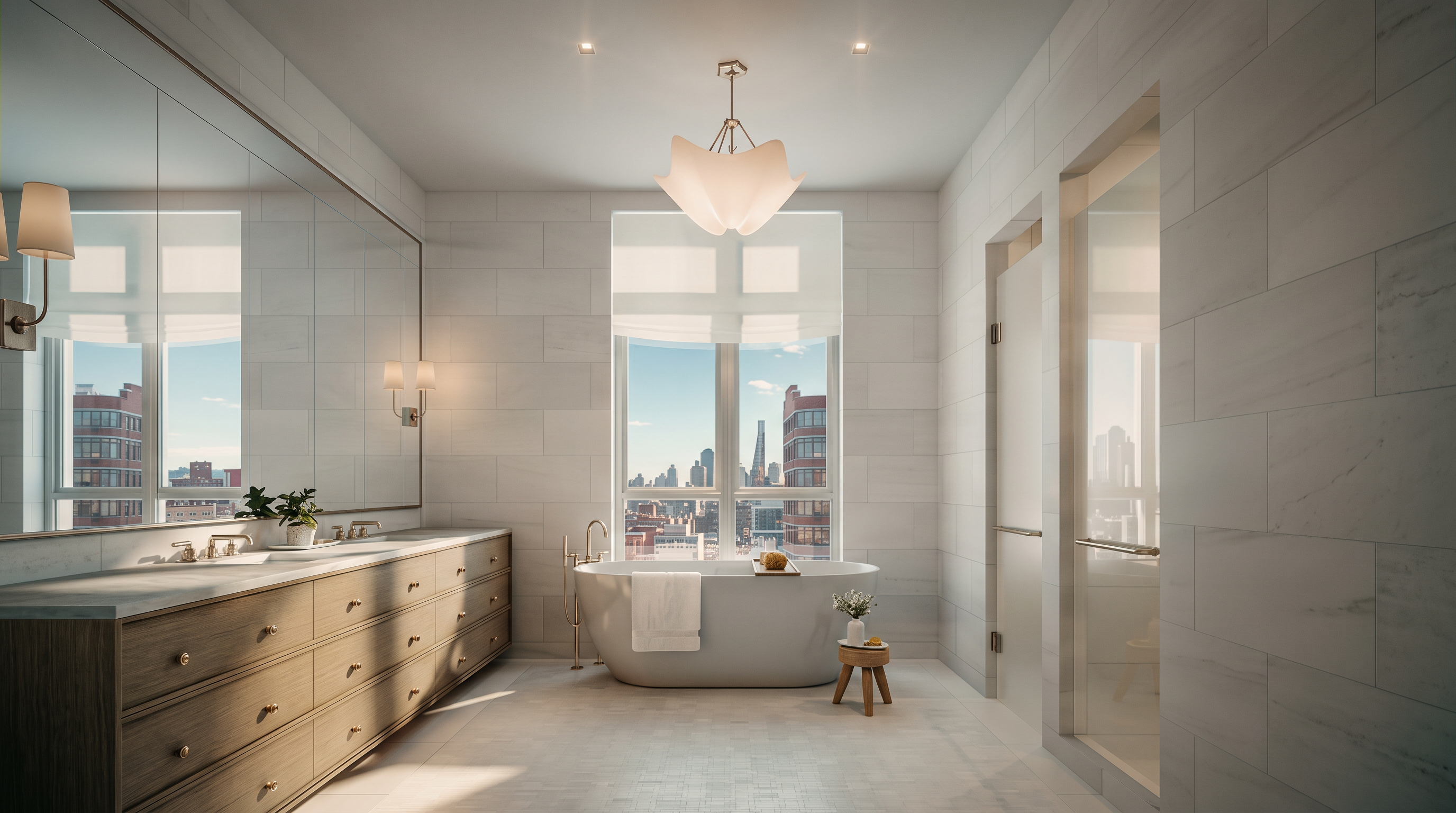 This luxurious primary bathroom features a freestanding soaking tub positioned centrally beneath a large window that offers an expansive city skyline view. To the left, a long vanity with light wood cabinetry and a large mirror provides ample storage, while a glass-enclosed shower is situated on the right. The space is finished with neutral, large-format wall tiles and a decorative tiled floor, creating a bright, serene, and high-end atmosphere.