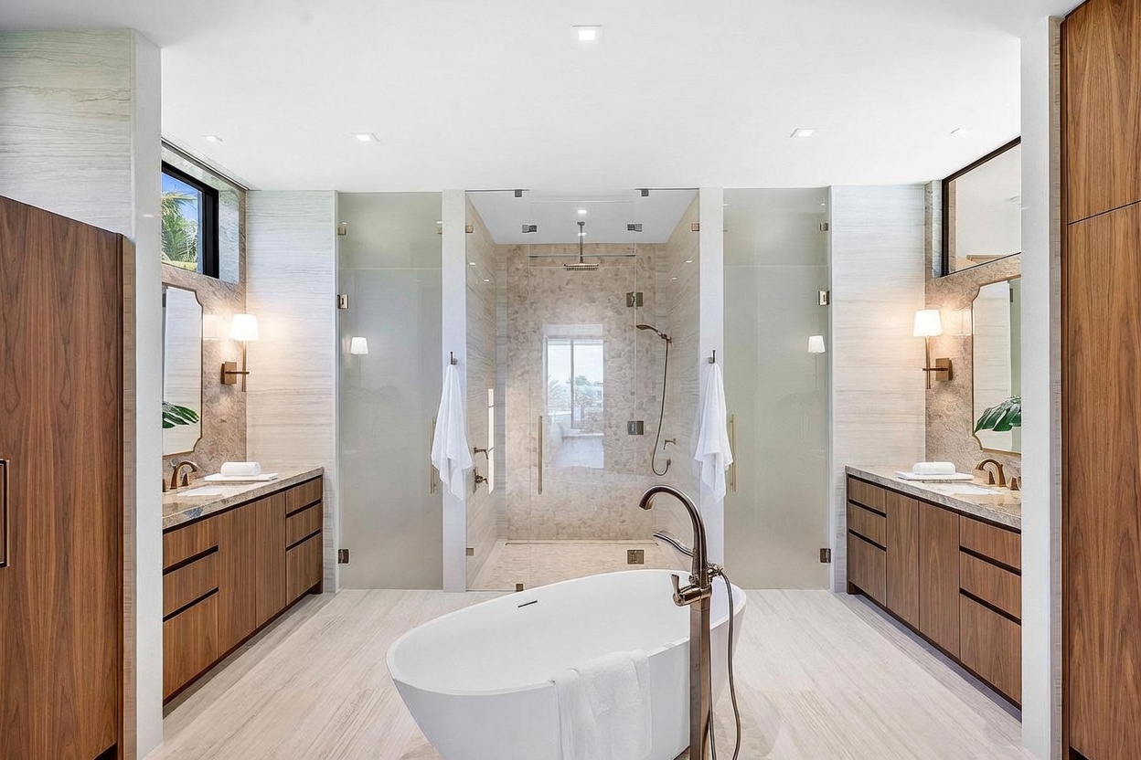This luxurious primary bathroom features a symmetrical layout with dual vanities flanking a central glass-enclosed shower and a freestanding soaking tub in the foreground. The space is finished with light-toned stone surfaces, warm wood cabinetry, and modern bronze-toned fixtures, creating a sophisticated and spa-like atmosphere. The perspective is centered, highlighting the clean lines and balanced design of the room.
