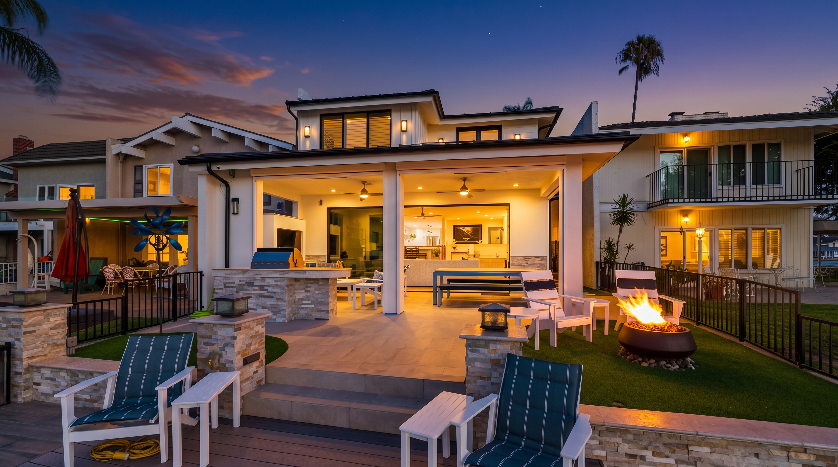 This stunning contemporary rear exterior features a covered patio area with an integrated outdoor kitchen and seamless transition to a modern living space. The multi-level backyard includes a fire pit, artificial grass, and a composite deck, perfect for indoor-outdoor entertaining. The property boasts a sophisticated, upscale design highlighted by thoughtful lighting and elegant stone accents.