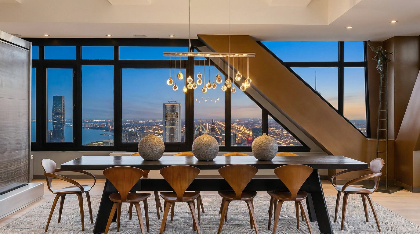 This sophisticated dining room features a long, dark-toned table surrounded by eight mid-century modern style wooden chairs, set atop a textured area rug. A unique, multi-pendant light fixture hangs above the table, while large windows provide a panoramic view of the city skyline and waterfront. The room is accented by a warm, metallic-toned wall feature and a sculptural art piece, creating a luxurious and contemporary atmosphere.