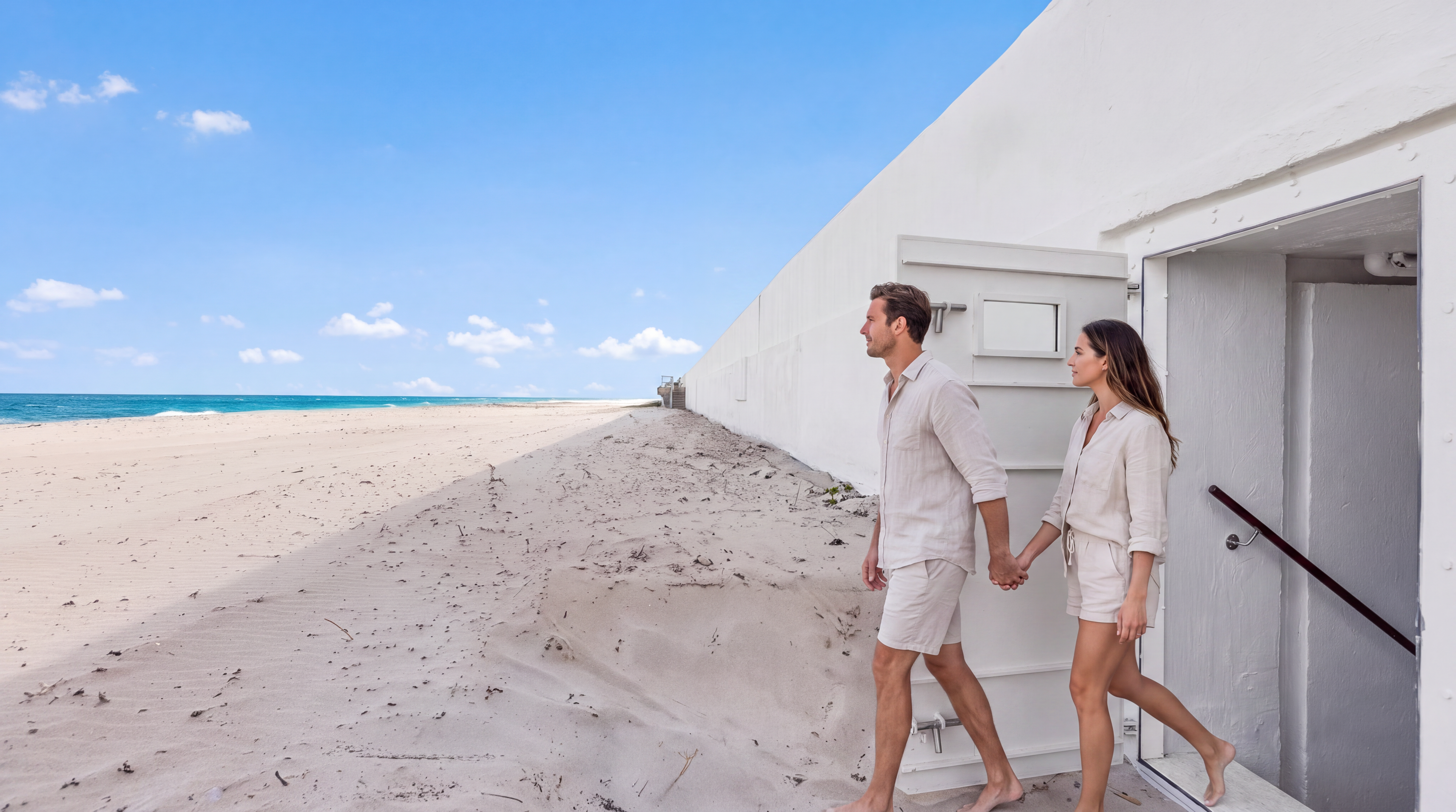 This image shows a couple stepping out from a direct beachfront entryway onto a pristine, sandy shore. The minimalist white structure features a heavy-duty, industrial-style door and clean architectural lines that blend seamlessly with the coastal surroundings. It offers a unique, secluded access point that emphasizes direct oceanfront living and an airy, tranquil atmosphere.