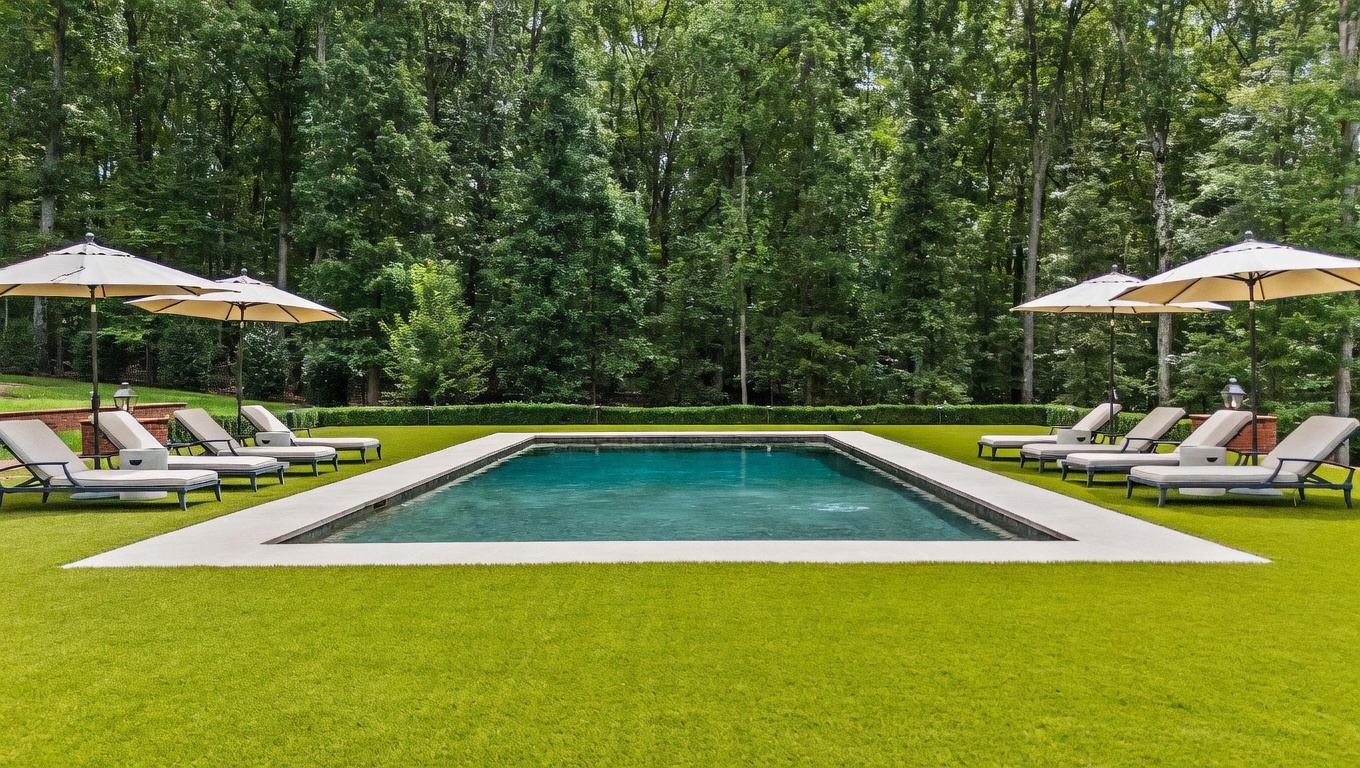 This serene backyard features a rectangular swimming pool centered on a manicured lawn, framed by a dense backdrop of mature trees. Multiple lounge chairs with umbrellas are arranged symmetrically on either side of the pool, creating a resort-like atmosphere. The scene is captured from a low, eye-level perspective, emphasizing the clean lines of the pool deck and the lush, private setting.