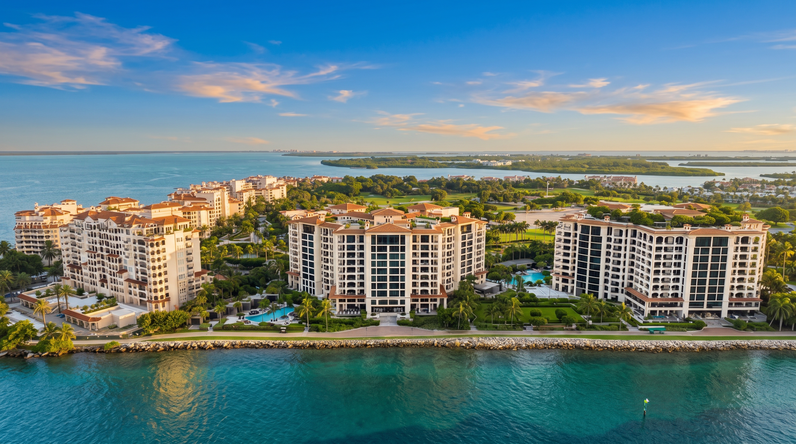 This high-angle aerial shot captures a luxury residential complex situated on a waterfront peninsula, surrounded by lush green landscaping and a golf course. The central building, highlighted with a label, features a symmetrical architectural design with multiple balconies and a prominent entrance. The vibrant turquoise water in the foreground contrasts with the expansive blue sky, emphasizing the prime coastal location of the property.