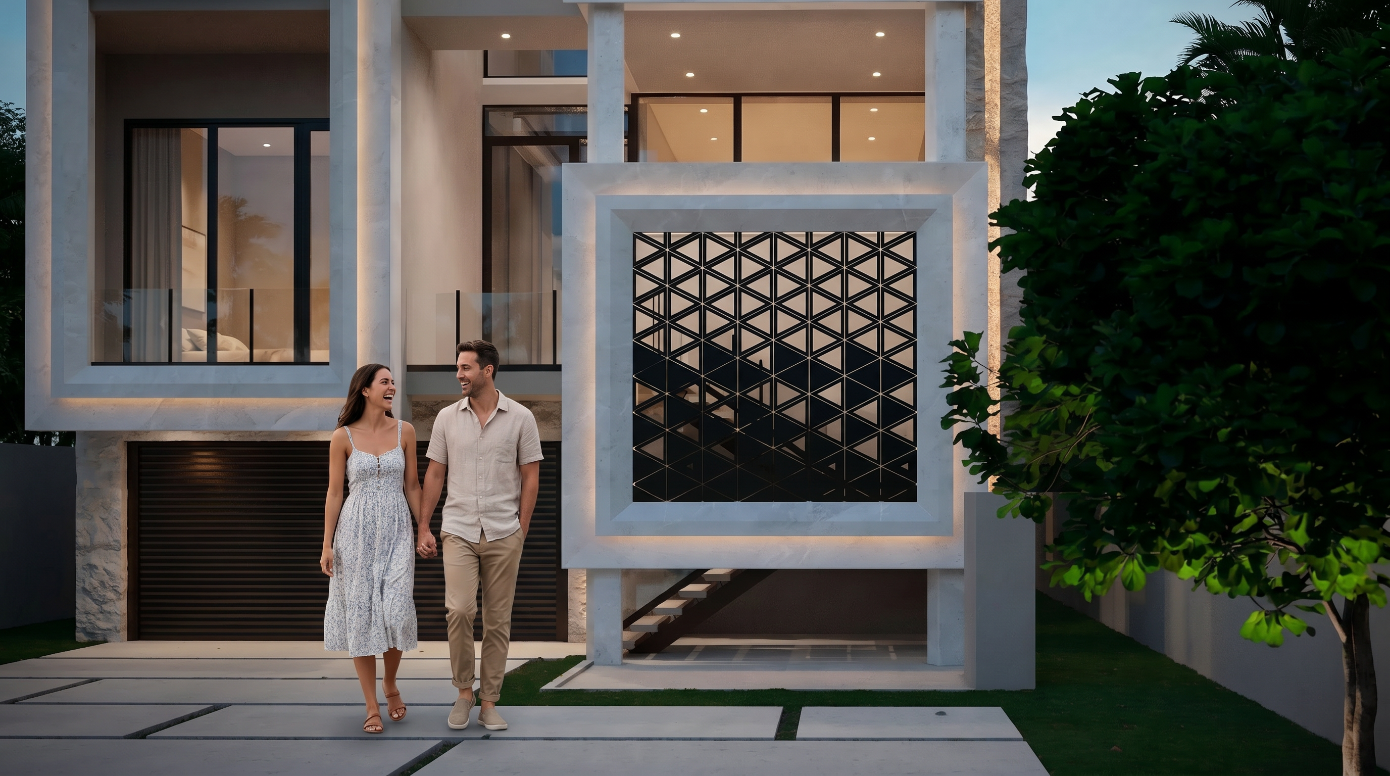 This modern entryway features a striking geometric screen with a triangular pattern, framed by a light-colored stone structure that is illuminated by integrated accent lighting. The perspective is a low-angle, cinematic shot looking toward the home's entrance, which includes a glimpse of a staircase and a dark-toned garage door to the left. A lush green tree on the right adds a natural contrast to the clean, architectural lines of the contemporary facade.