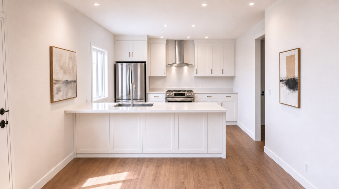 This bright, modern kitchen features clean white shaker-style cabinetry, quartz countertops, and a large central island with an integrated sink. Stainless steel appliances, including a gas range and a built-in exhaust hood, provide a sleek contrast against the neutral aesthetic. The space is finished with warm wood-look flooring, recessed lighting, and tasteful wall art, creating an inviting and functional atmosphere.