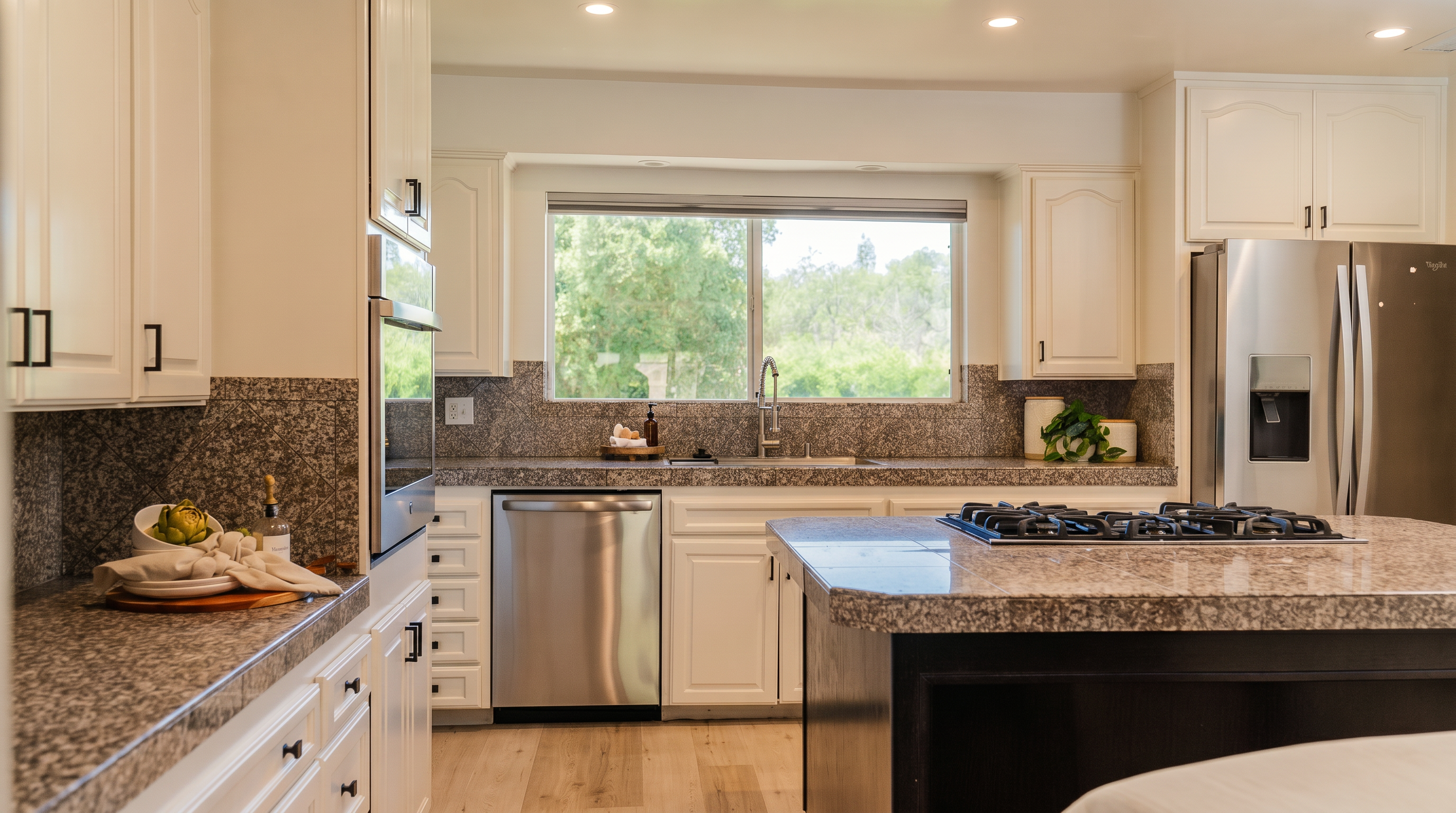 This bright and spacious kitchen features white cabinetry paired with speckled stone countertops and a dark-toned kitchen island. A stainless steel refrigerator, built-in oven, and dishwasher are integrated into the layout, which is centered around a large window overlooking greenery. The light-toned wood flooring and recessed lighting create a clean, inviting atmosphere suitable for both cooking and casual dining.