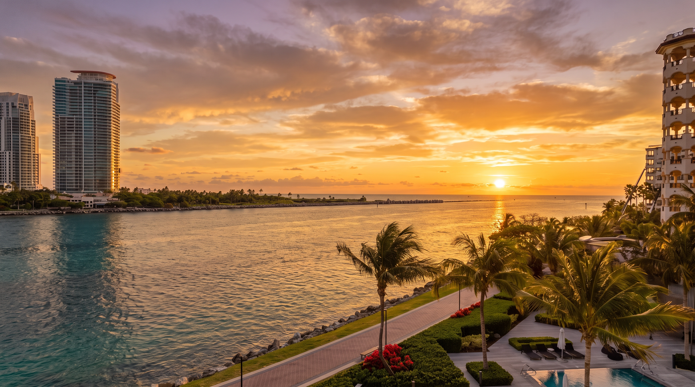This elevated view from a balcony captures a stunning coastal panorama featuring a vibrant turquoise bay, a paved waterfront walking path, and lush tropical landscaping. The scene includes a glimpse of a swimming pool below and modern high-rise buildings in the distance under a clear blue sky. The perspective offers a serene and luxurious atmosphere, highlighting the property's prime waterfront location.