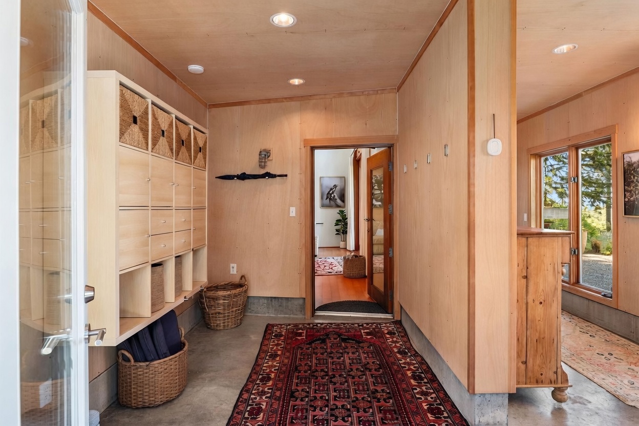 This entryway features warm, light wood-paneled walls and a concrete floor, creating a modern, rustic aesthetic. A large, wall-mounted storage unit with woven baskets provides organized utility, while a patterned rug adds a touch of color to the space. The perspective looks through a doorway into an adjacent room, highlighting the home's open and inviting flow.