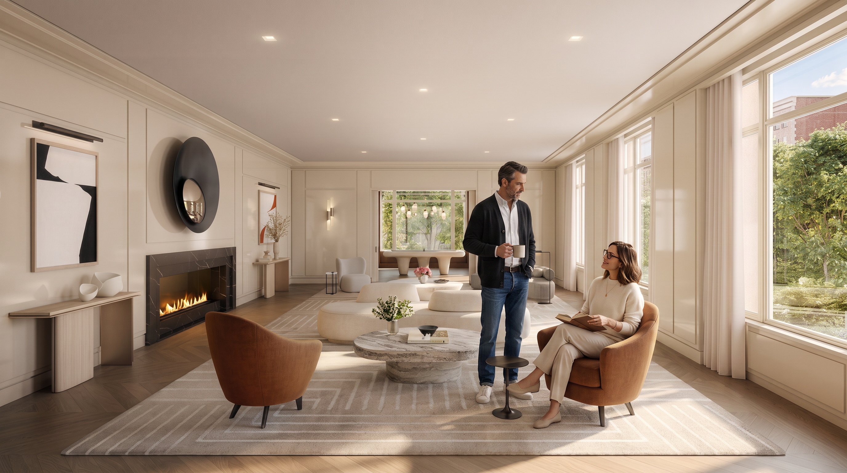 This expansive, sophisticated living room features a neutral color palette with elegant wall paneling and light wood flooring. The space is anchored by a dark stone fireplace surround and a large, textured area rug, complemented by curved, contemporary seating and a central stone coffee table. Large windows along the right wall provide ample natural light and views of the greenery outside, creating an airy and luxurious atmosphere.
