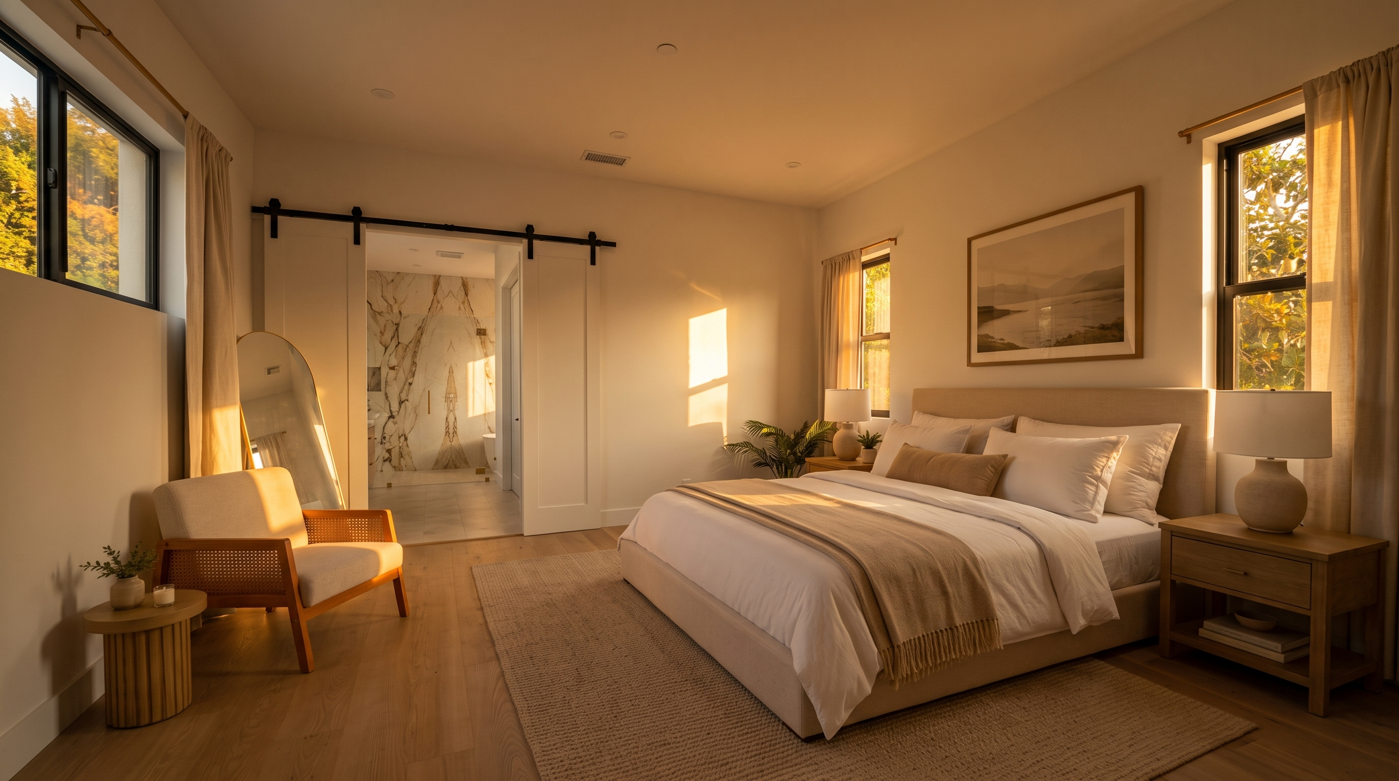 This bright and airy primary bedroom features a neutral color palette with light wood flooring and a large area rug. The room is anchored by a plush upholstered bed flanked by matching nightstands and lamps, while a cozy accent chair sits in the corner near a full-length mirror. A sliding barn door provides access to an adjoining bathroom, creating a seamless and modern flow throughout the space.