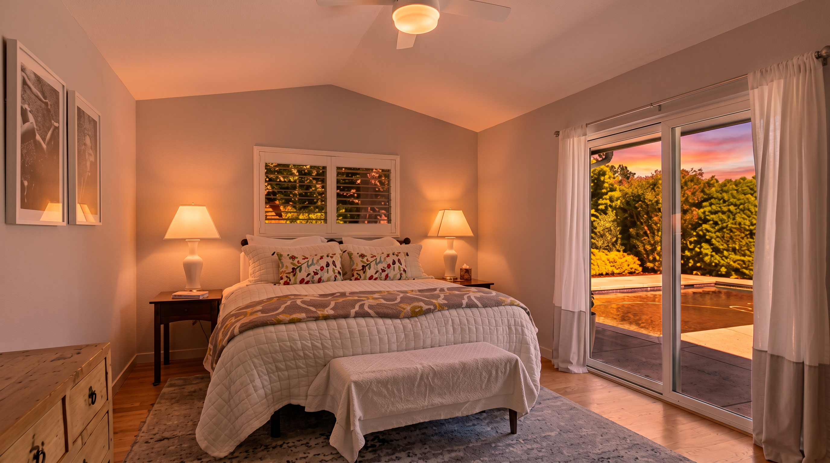 This tranquil primary bedroom features a vaulted ceiling with a modern overhead fan and large sliding glass doors that provide views of an outdoor swimming pool. The room is decorated in a neutral, calming palette with a plush tufted bench at the foot of the bed and symmetrical nightstands flanking the bed. An area rug completes the space, contributing to a bright, airy, and inviting atmosphere.