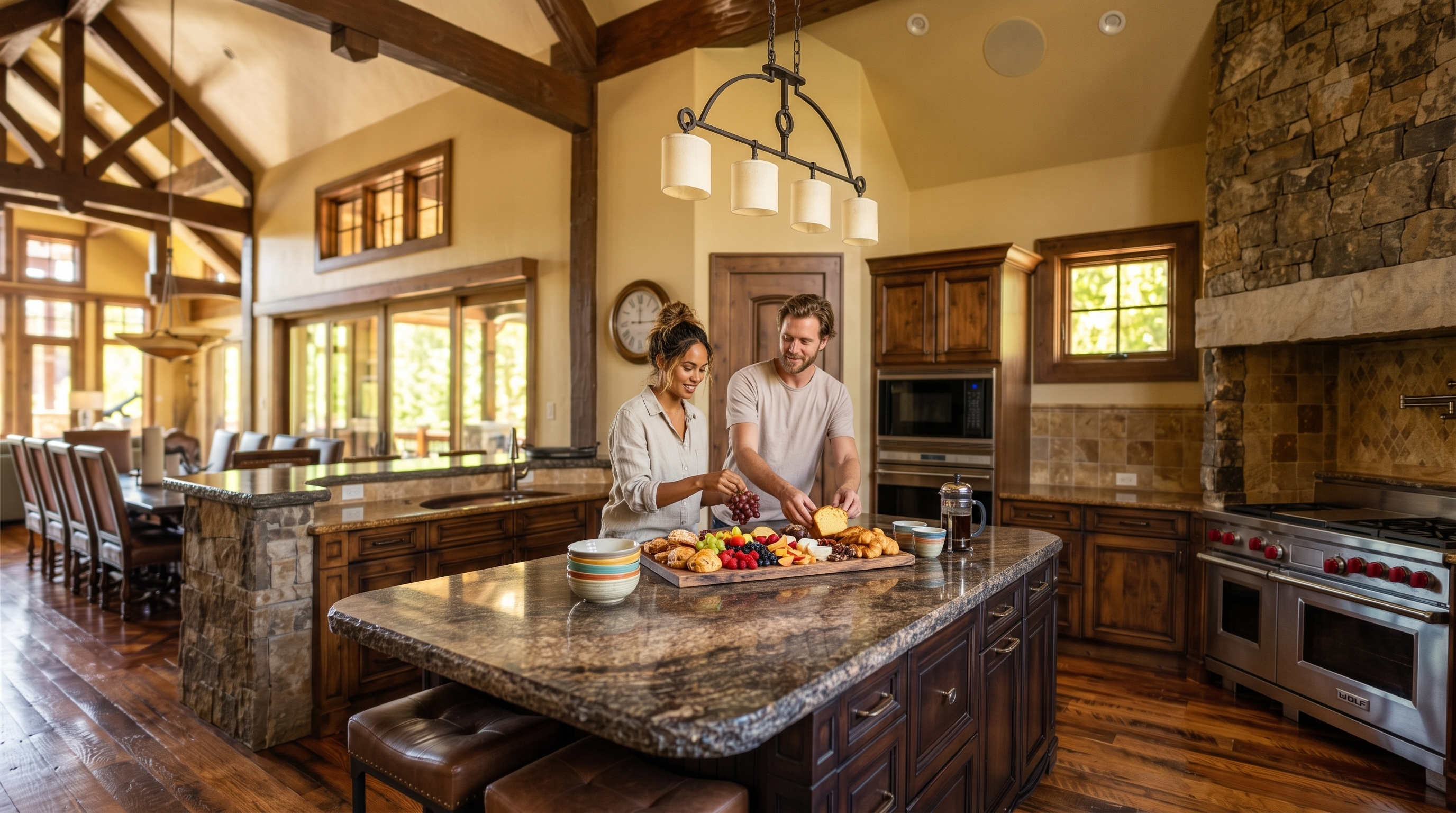 This spacious, rustic-style kitchen features custom dark wood cabinetry, a large granite-topped center island, and a professional-grade stainless steel range. The warm, inviting space is accented by natural stone elements, exposed wood ceiling beams, and a bright, open layout that flows seamlessly into the dining area. High-end finishes and ambient pendant lighting contribute to the home's luxurious and comfortable atmosphere.