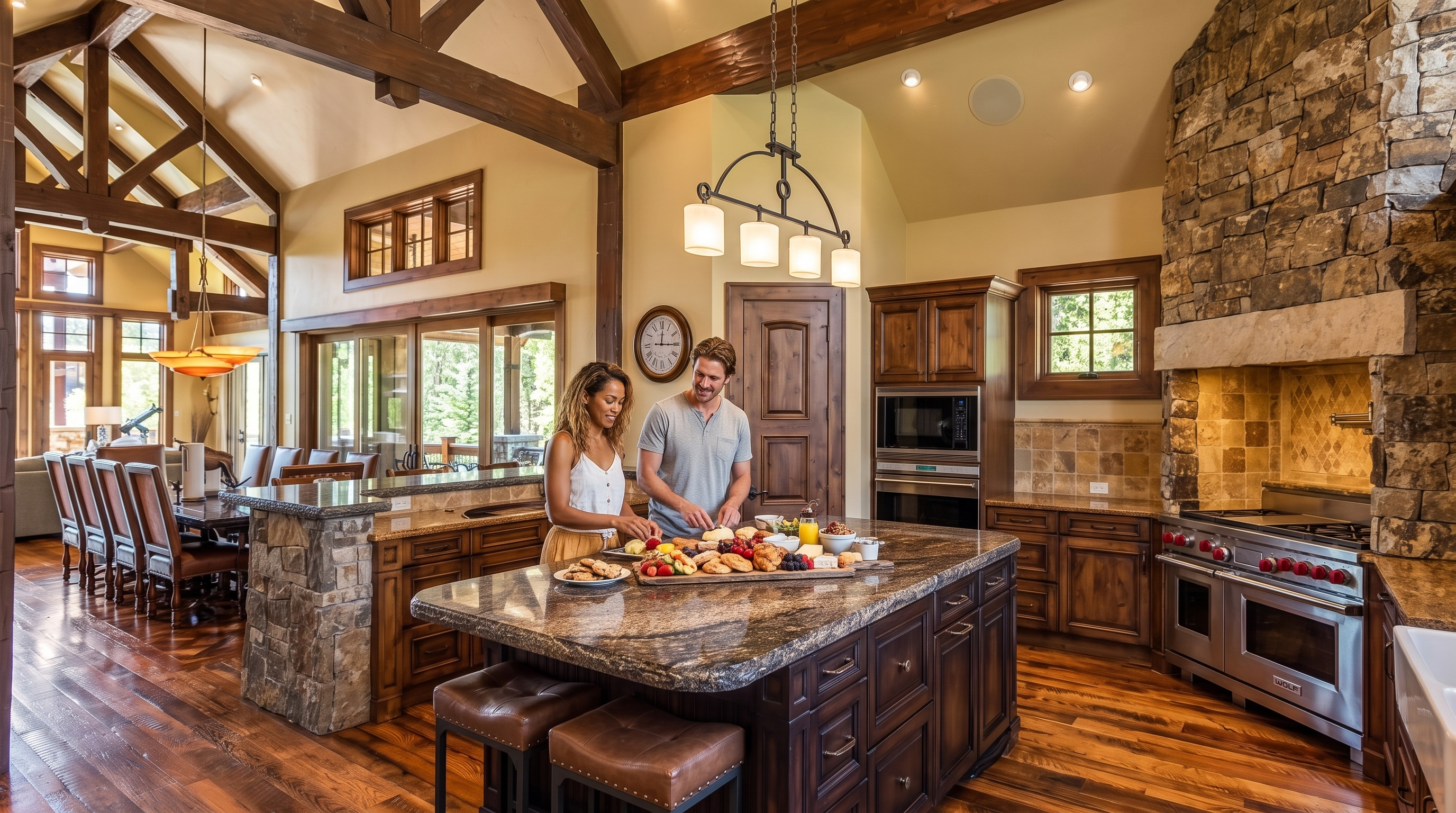 This stunning rustic kitchen features warm wood cabinetry, a massive granite-topped center island, and a distinctive stone-clad hearth area with a high-end Wolf range. The open-concept design integrates seamless wood flooring, exposed timber trusses, and elegant pendant lighting, creating a warm and inviting atmosphere. Perfectly blending luxury and comfort, this space is ideal for both gourmet cooking and casual social gatherings.