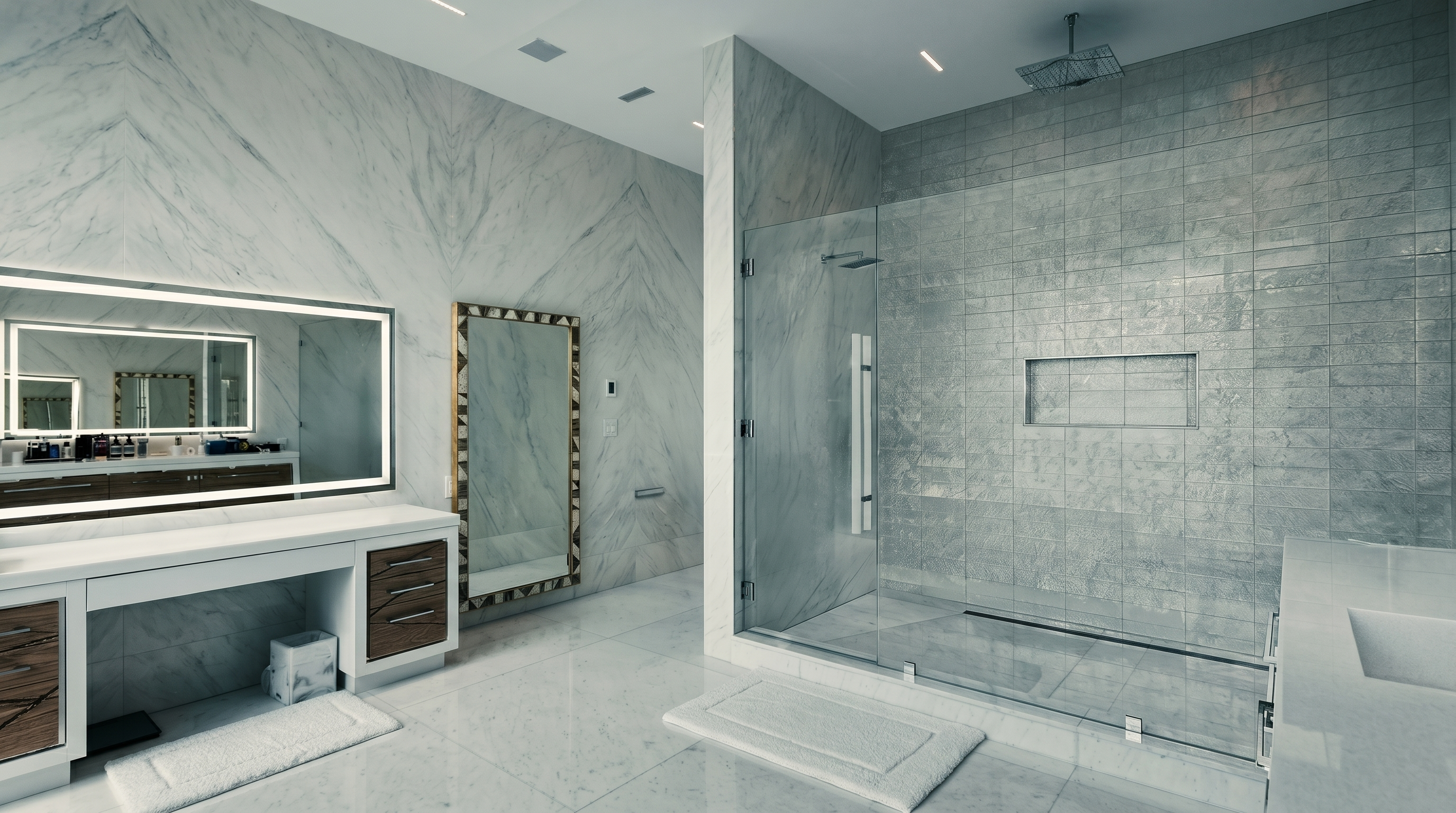 This expansive primary bathroom features a sleek, modern aesthetic with large-format light stone flooring and wall cladding. The space includes a floating vanity with light wood drawers, a large illuminated mirror, and a spacious walk-in shower enclosed by glass panels with a rainfall showerhead. A tall, decorative mirror with a metallic frame adds a touch of elegance to the minimalist design.