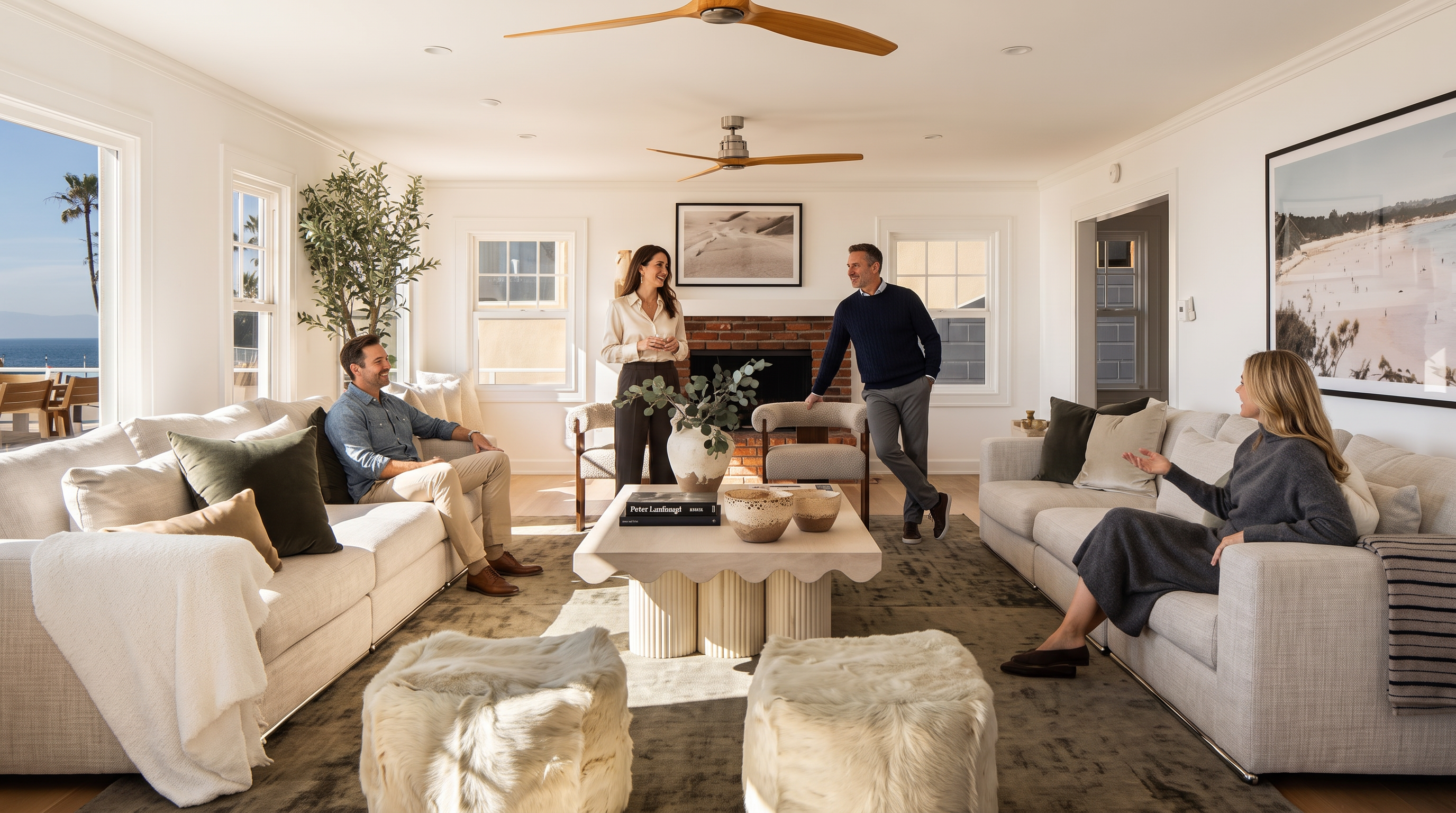 This spacious and sunlit living room features an inviting open-concept design with neutral-toned furnishings, including two large sofas and chic faux-fur ottomans. A unique sculptural coffee table serves as a centerpiece beneath two ceiling fans, while large windows highlight a serene ocean view. The space exudes a sophisticated yet comfortable coastal aesthetic, perfect for entertaining and relaxation.