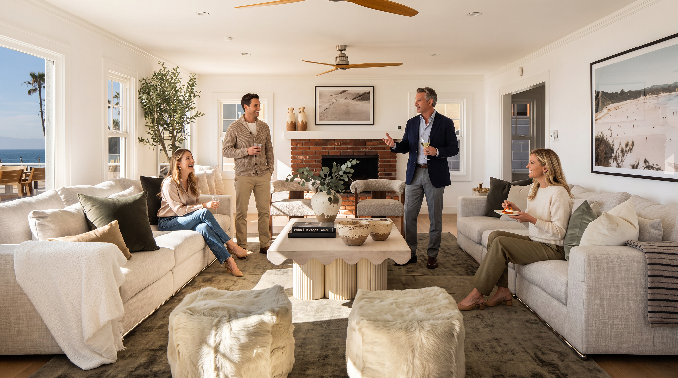 This spacious and inviting living room features a modern contemporary design with neutral tones and plenty of natural light. It includes two comfortable sofas, a unique textured coffee table, and a focal-point brick fireplace topped by decorative artwork. The room is perfectly staged for entertaining, offering a seamless blend of style and functional comfort.