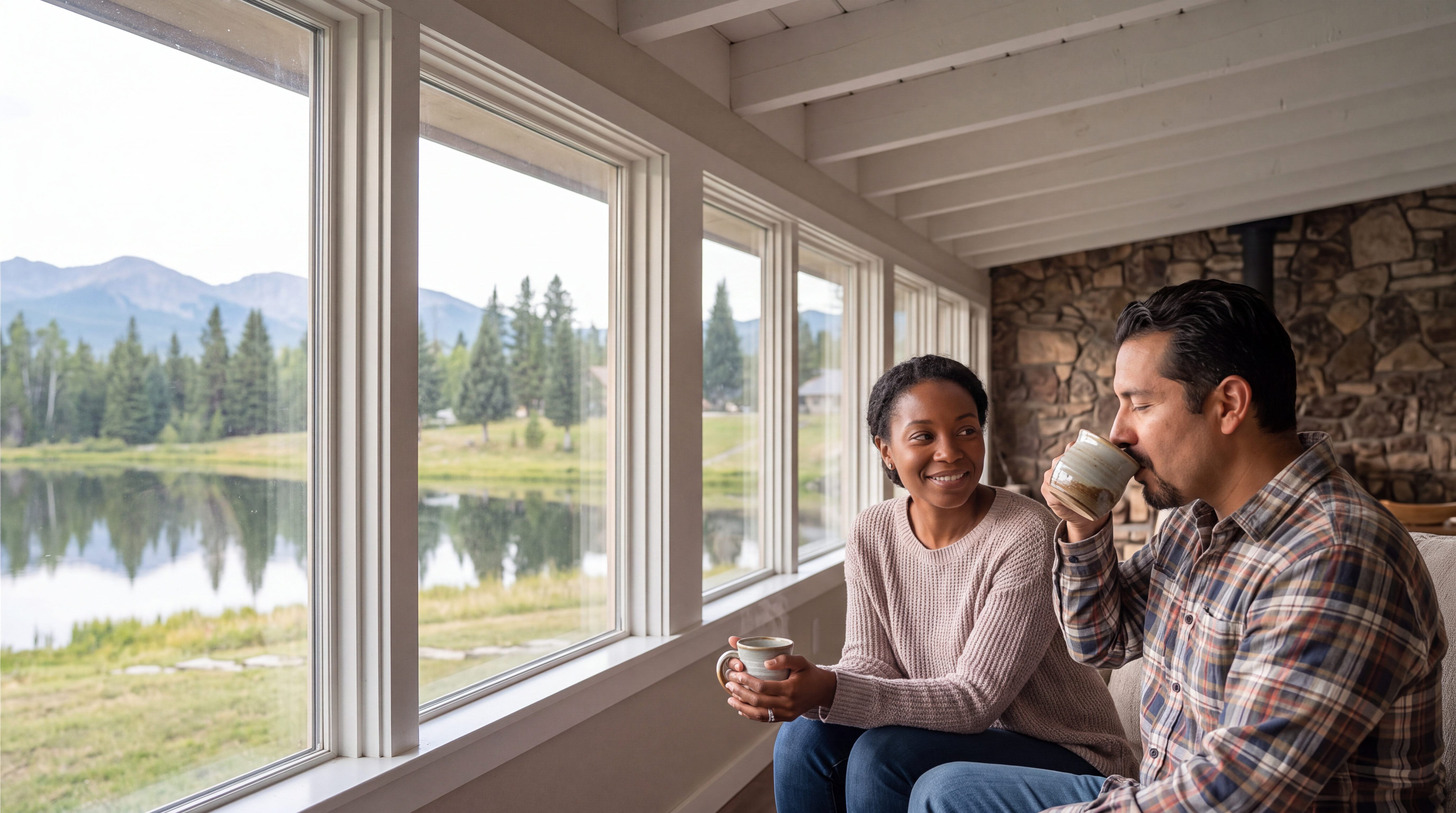 This cozy living room features floor-to-ceiling windows that provide expansive, scenic views of a peaceful lake and surrounding mountain landscape. The rustic-chic space is accented by a natural stone wall, adding warmth and architectural character. A couple sits comfortably in the foreground, highlighting the tranquil and inviting atmosphere of the home.