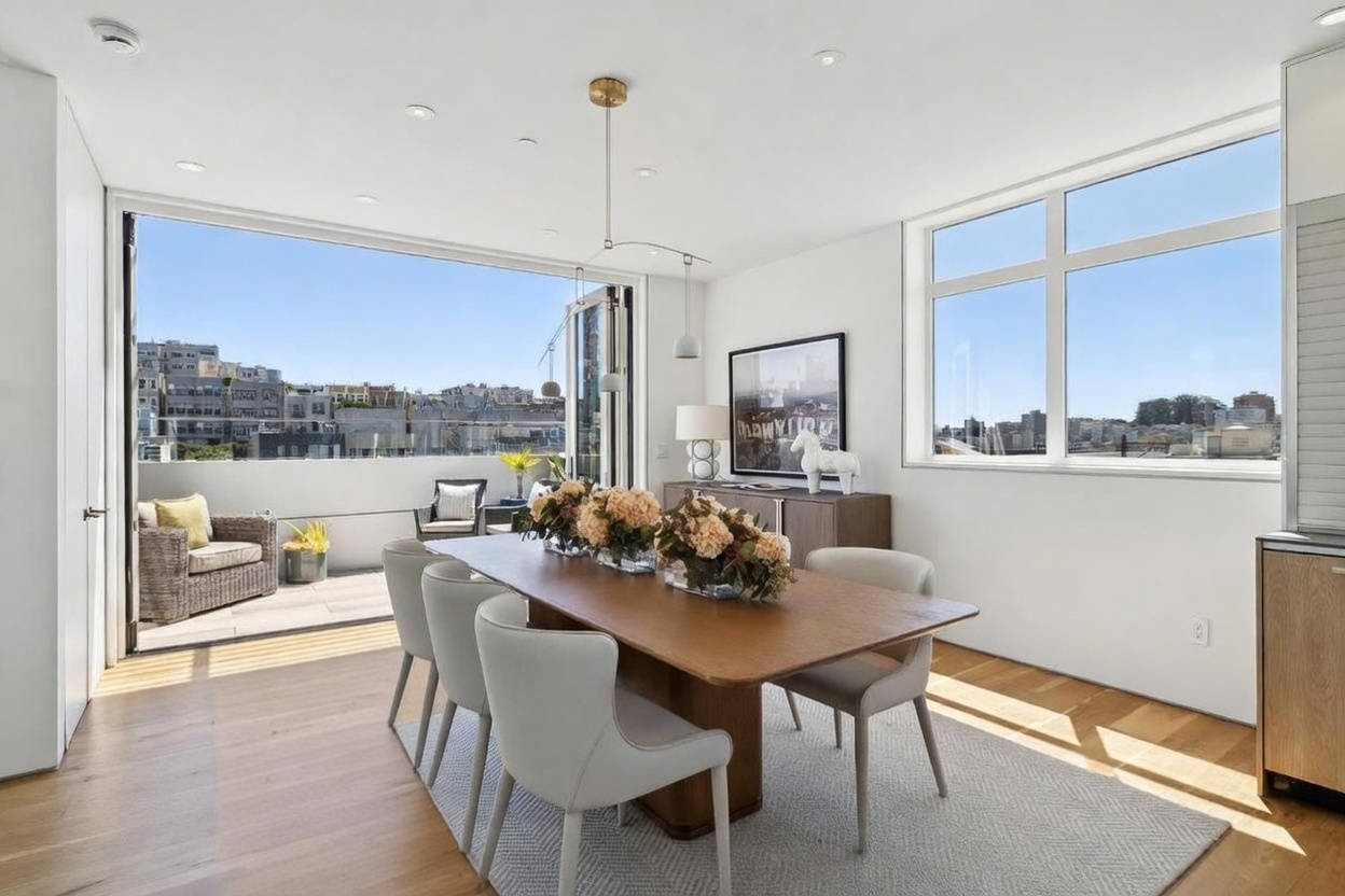 This bright and airy dining room features a contemporary wooden table surrounded by six light-colored upholstered chairs, set atop a textured area rug. The space is defined by its seamless transition to an outdoor balcony through large folding glass doors, which flood the room with natural light. A sideboard with decorative accents sits against the wall, while a modern pendant light fixture hangs above the table, creating an elegant and inviting atmosphere.