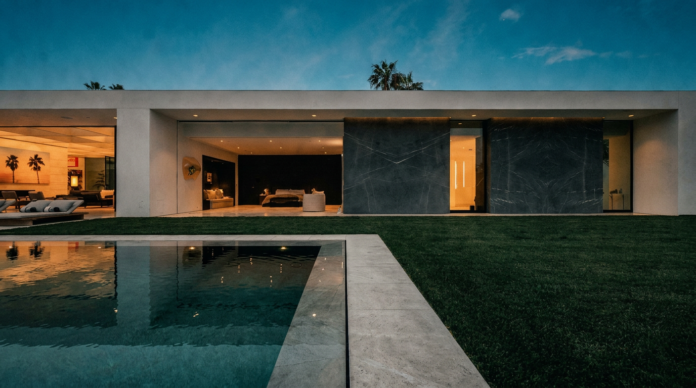 This stunning modern residence features a seamless indoor-outdoor flow, highlighted by a pristine rectangular swimming pool set against a lush green lawn. The architecture showcases clean, minimalist lines with a striking contrast between white stucco walls and dark, textured stone cladding. The open-concept interior, visible through expansive glass walls, creates an inviting and luxurious atmosphere perfect for high-end living.