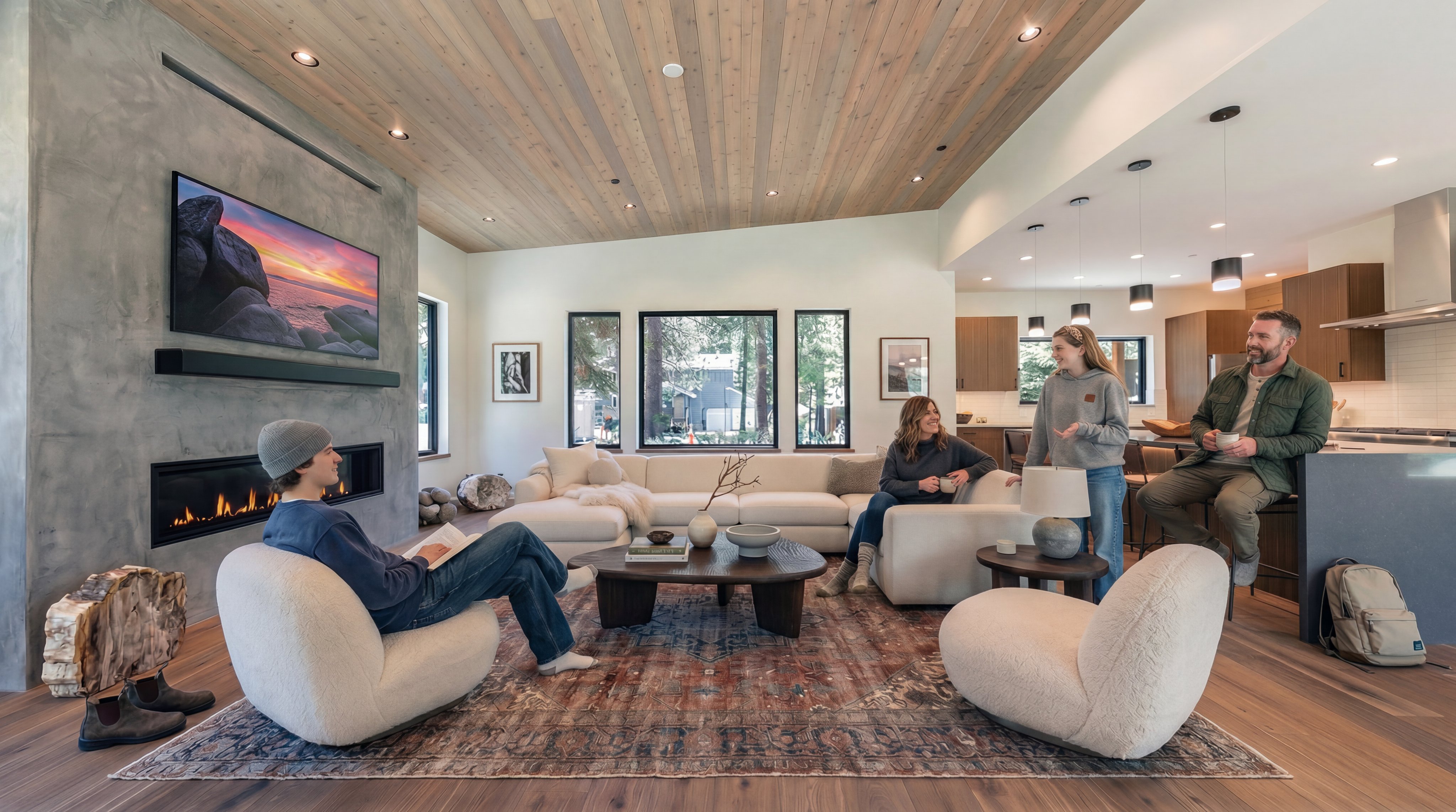 This open-concept living area features a striking concrete-clad chimney breast with a built-in linear fireplace and a mounted television. The space is defined by warm wood flooring and a matching wood-paneled ceiling, creating a cohesive and modern aesthetic. To the right, a spacious kitchen with a large island and dark cabinetry flows seamlessly into the living area, while large windows provide natural light and views of the surrounding trees.