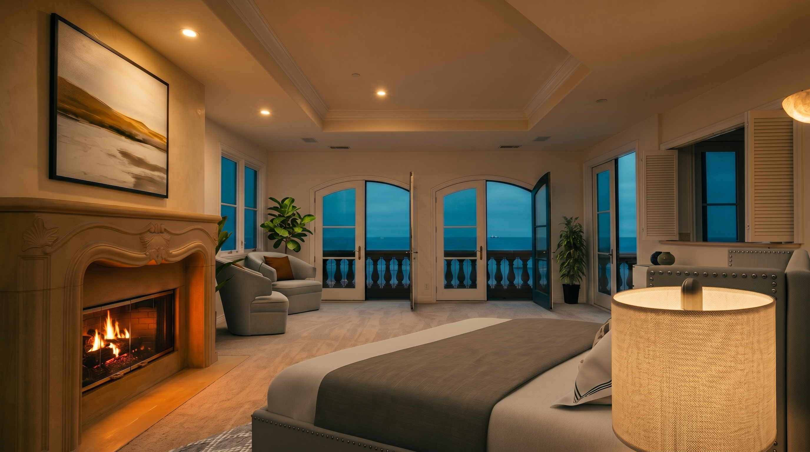 This spacious primary bedroom features a neutral color palette and a large, ornate stone fireplace surround as a focal point. The room is anchored by a plush bed and includes a cozy seating area near the balcony doors, which offer expansive ocean views. The tray ceiling adds architectural interest, while the light-filled space creates an airy and serene atmosphere.