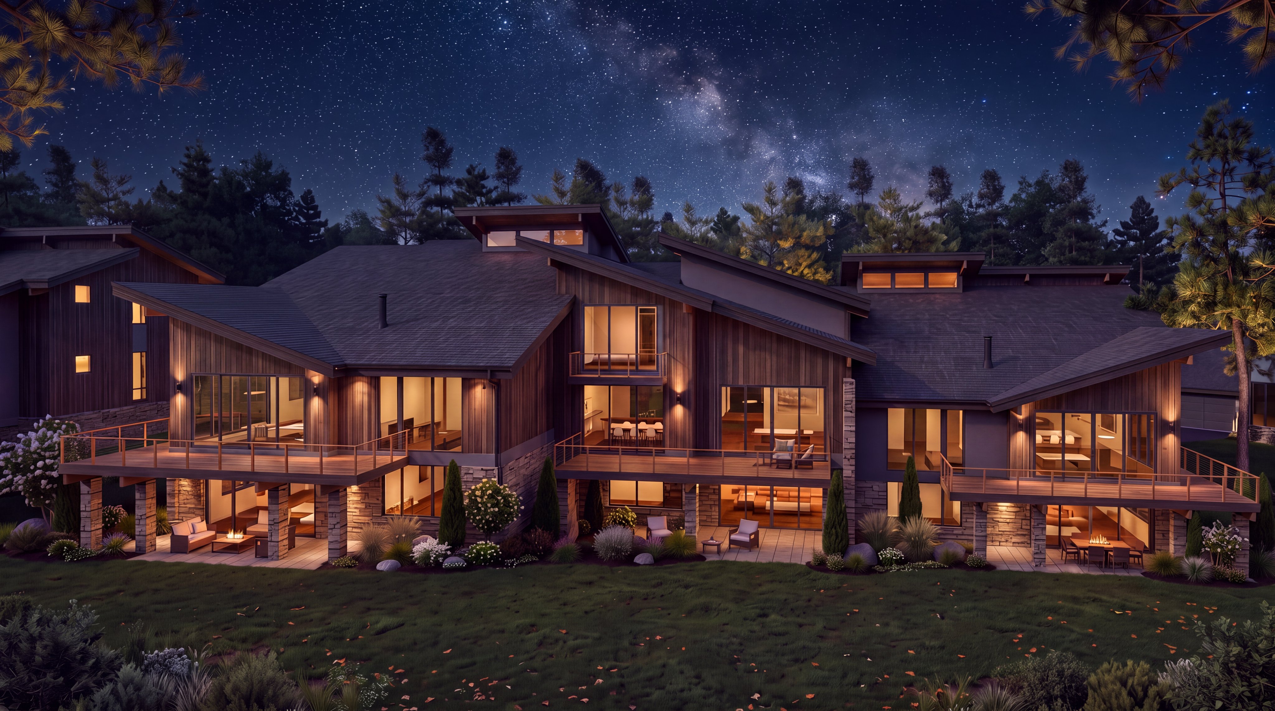 This stunning contemporary mountain home is captured at twilight, showcasing its expansive rear facade and multi-level wooden decks against a dramatic starry sky. The architectural design features a blend of natural stone, dark wood siding, and floor-to-ceiling windows that provide warm, inviting interior lighting. Its tiered outdoor living spaces, manicured landscaping, and sophisticated lighting create a luxurious and serene atmosphere perfect for evening entertaining.