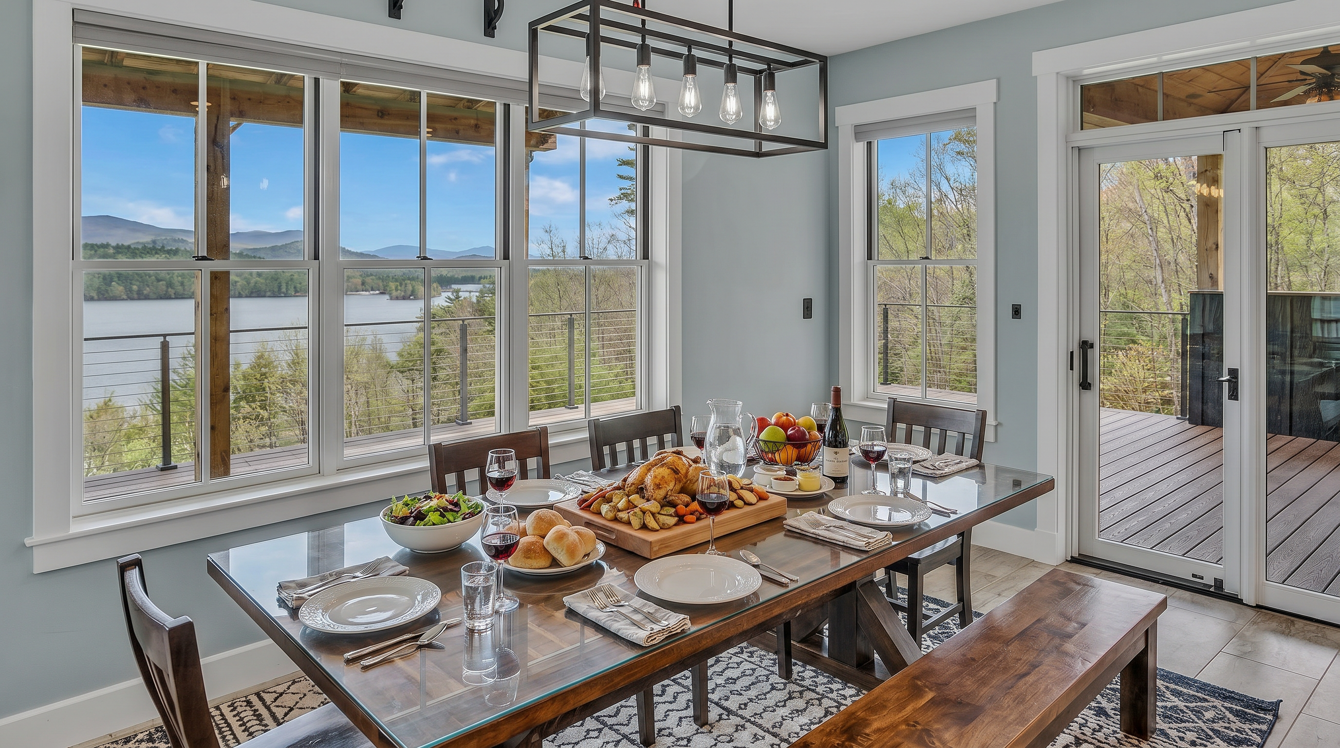 This bright dining room features a glass-topped table paired with a wooden bench and chairs, set atop a patterned area rug. A modern linear chandelier hangs above the table, while large windows and a glass sliding door provide expansive views of the lake and surrounding trees. The space is finished with light-toned walls and tile flooring, creating an airy and inviting atmosphere that flows into an adjacent office area.