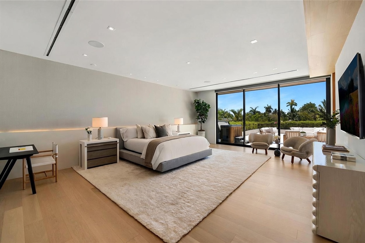 This spacious primary bedroom features a neutral color palette with light wood flooring and a large area rug centered under a king-sized bed. The room is anchored by a sleek, low-profile bed frame and flanked by two modern nightstands with matching lamps. A wall of floor-to-ceiling glass sliding doors provides an expansive view of the outdoor terrace and lush greenery, creating a seamless transition between indoor and outdoor living spaces.