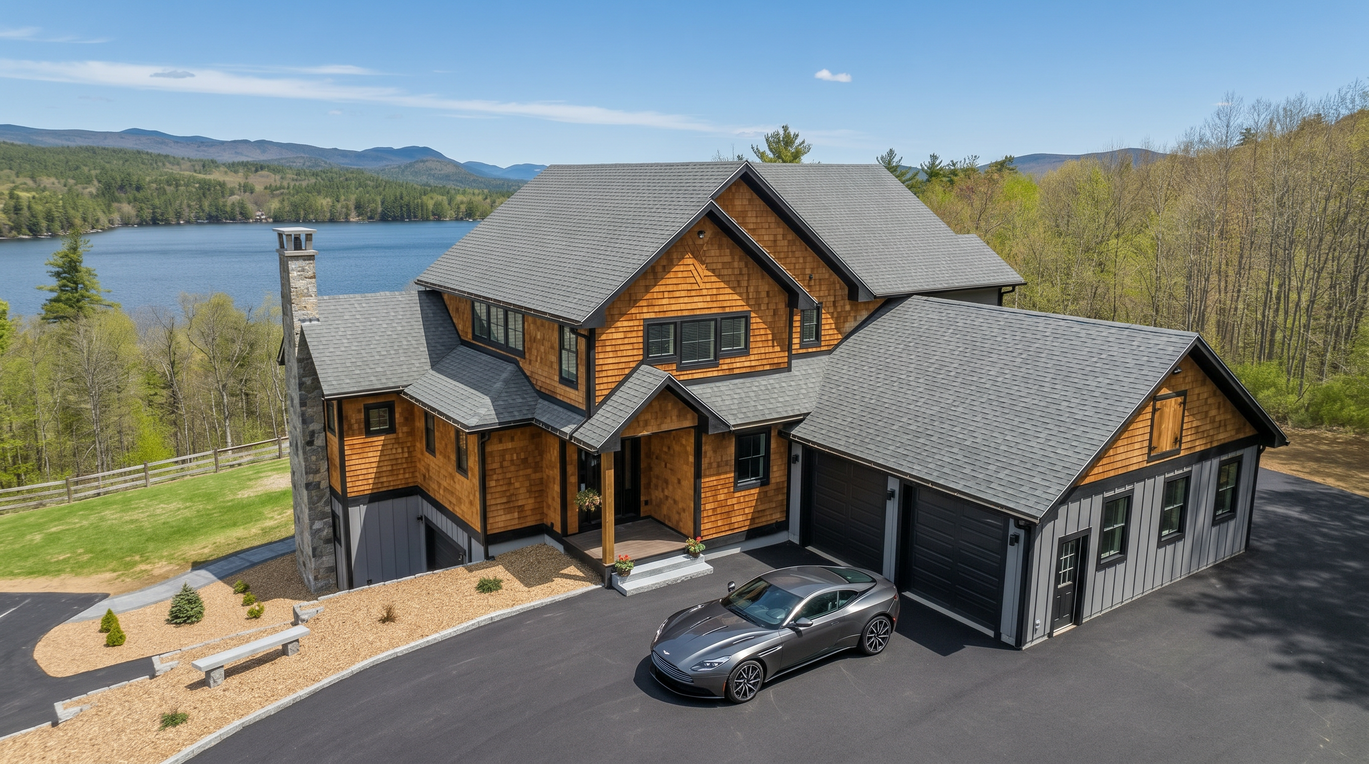 This high-angle aerial perspective showcases a custom-built home featuring a blend of cedar shake siding and dark-toned vertical paneling. The property includes a multi-car garage, a prominent stone-clad chimney, and a sprawling asphalt driveway, all set against a backdrop of lush forest and a serene lake. The architectural design emphasizes a rustic yet modern aesthetic, perfectly integrated into its natural, scenic environment.