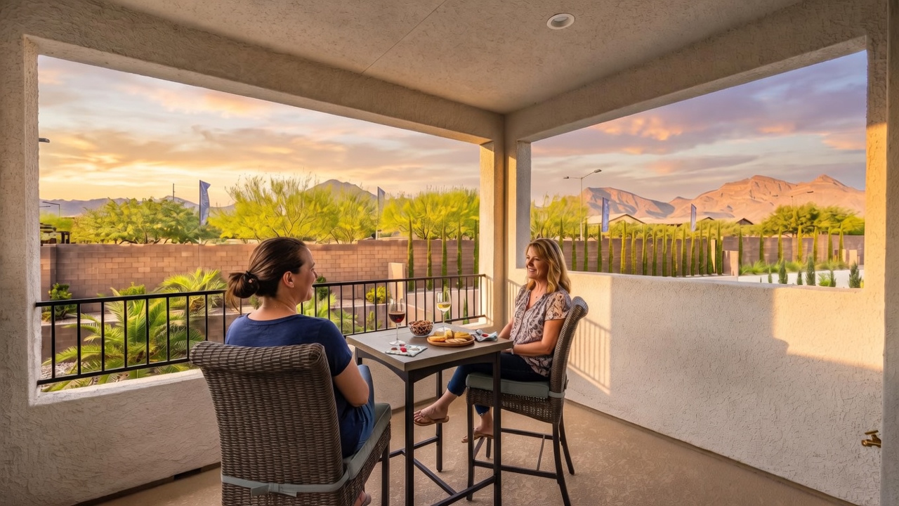 This covered balcony offers a serene outdoor retreat with a view of desert landscaping and distant mountains. The space is furnished with a small bistro table and two wicker-style chairs, creating an intimate setting for relaxation. Large, open-air cutouts in the walls provide an expansive, airy feel while maintaining a sense of privacy.