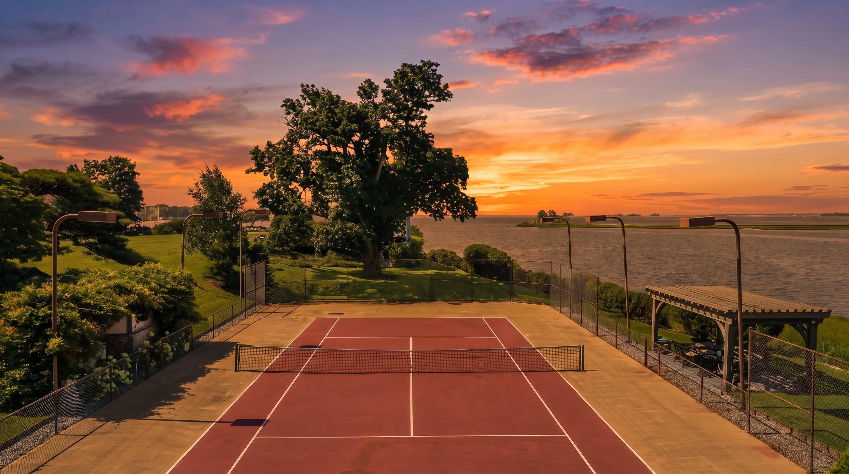 This elevated perspective captures a private tennis court situated directly along a scenic waterfront. The court features a red surface with white lines, enclosed by a chain-link fence, and includes a wooden pergola seating area on the right side. Beyond the court, a lush green lawn leads to a large, mature tree and an expansive view of the bay, creating a serene and luxurious outdoor recreational space.