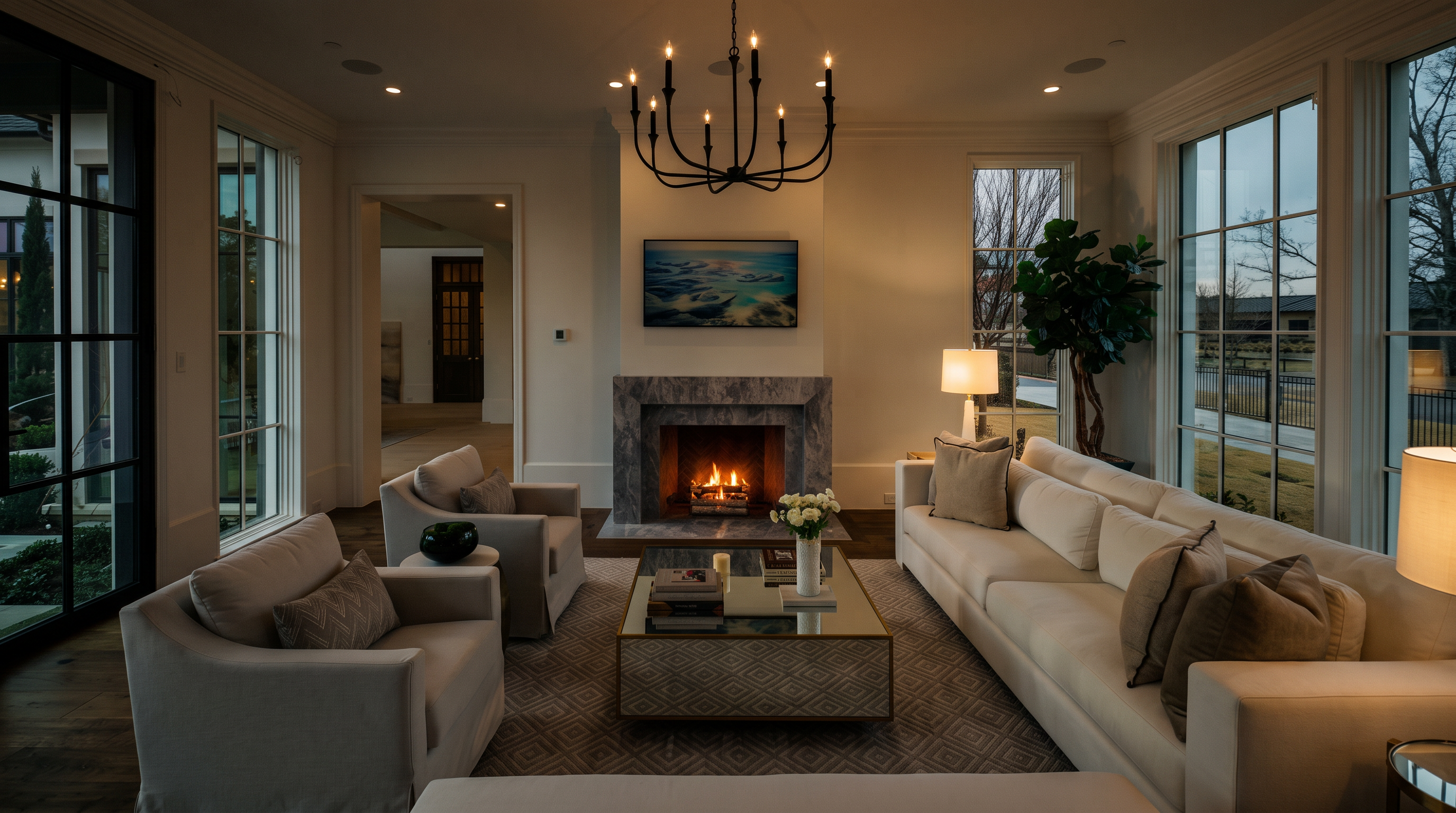 This bright and airy living room features a central stone-clad fireplace surround with a mounted television above, serving as the focal point of the space. The room is furnished with a plush white sofa, two matching armchairs, and a mirrored coffee table, all arranged on a patterned area rug. Large windows on either side of the room flood the space with natural light, while a dark metal chandelier hangs from the ceiling to add a touch of modern contrast.