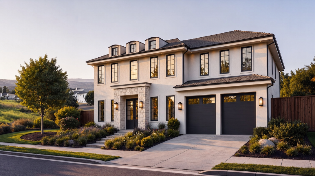This elegant two-story contemporary home features a stucco facade accented with stone veneer and dark-trimmed windows. The property boasts a manicured landscape, a double-car garage, and warm exterior lighting, creating a welcoming and upscale curb appeal at sunset.