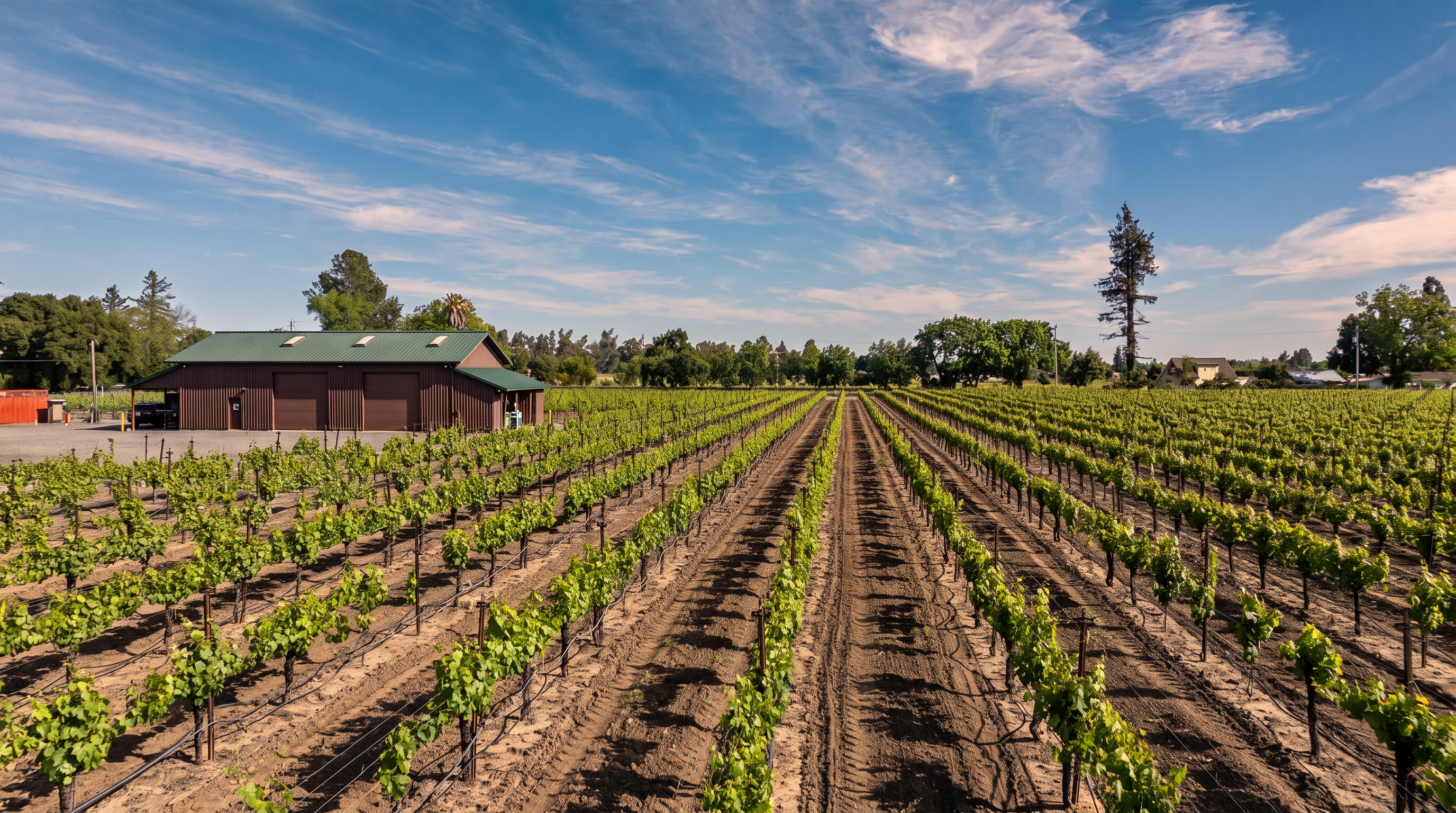 This wide-angle shot captures a sprawling vineyard with neatly aligned rows of grapevines stretching toward the horizon under a bright, clear blue sky. To the left, a large, rustic-style metal barn with a green roof provides a functional agricultural structure, while the surrounding landscape features mature trees and open space. The perspective emphasizes the vast scale of the property, highlighting its potential for viticulture or rural living.