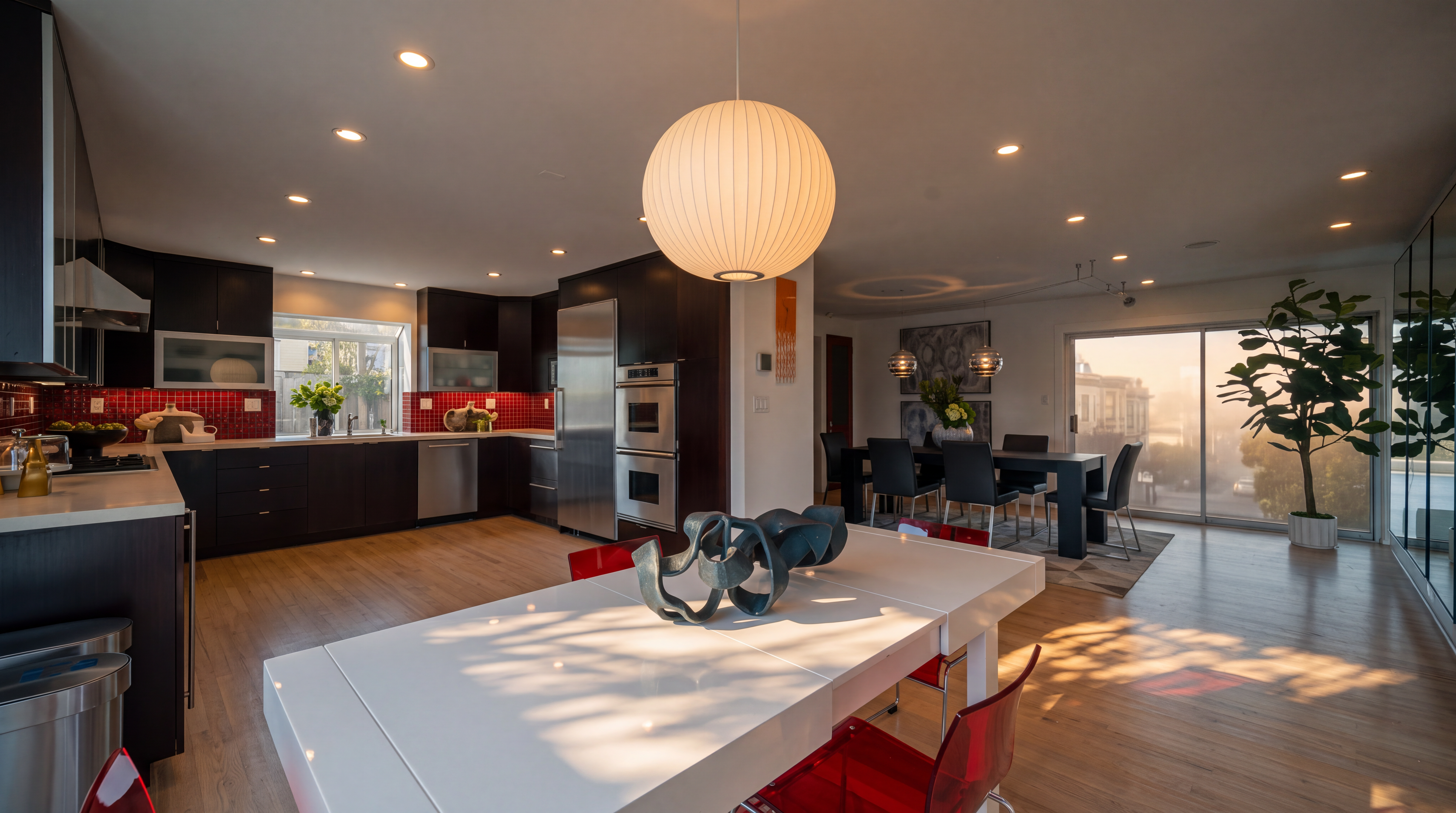 This open-concept kitchen and dining area features dark cabinetry contrasted by a vibrant red tiled backsplash and light wood flooring. A large white dining table with modern red chairs sits in the foreground, while a stainless steel double oven and refrigerator are integrated into the cabinetry. The space is illuminated by a large spherical pendant light and recessed lighting, creating a bright and contemporary atmosphere that flows into the adjacent dining room.