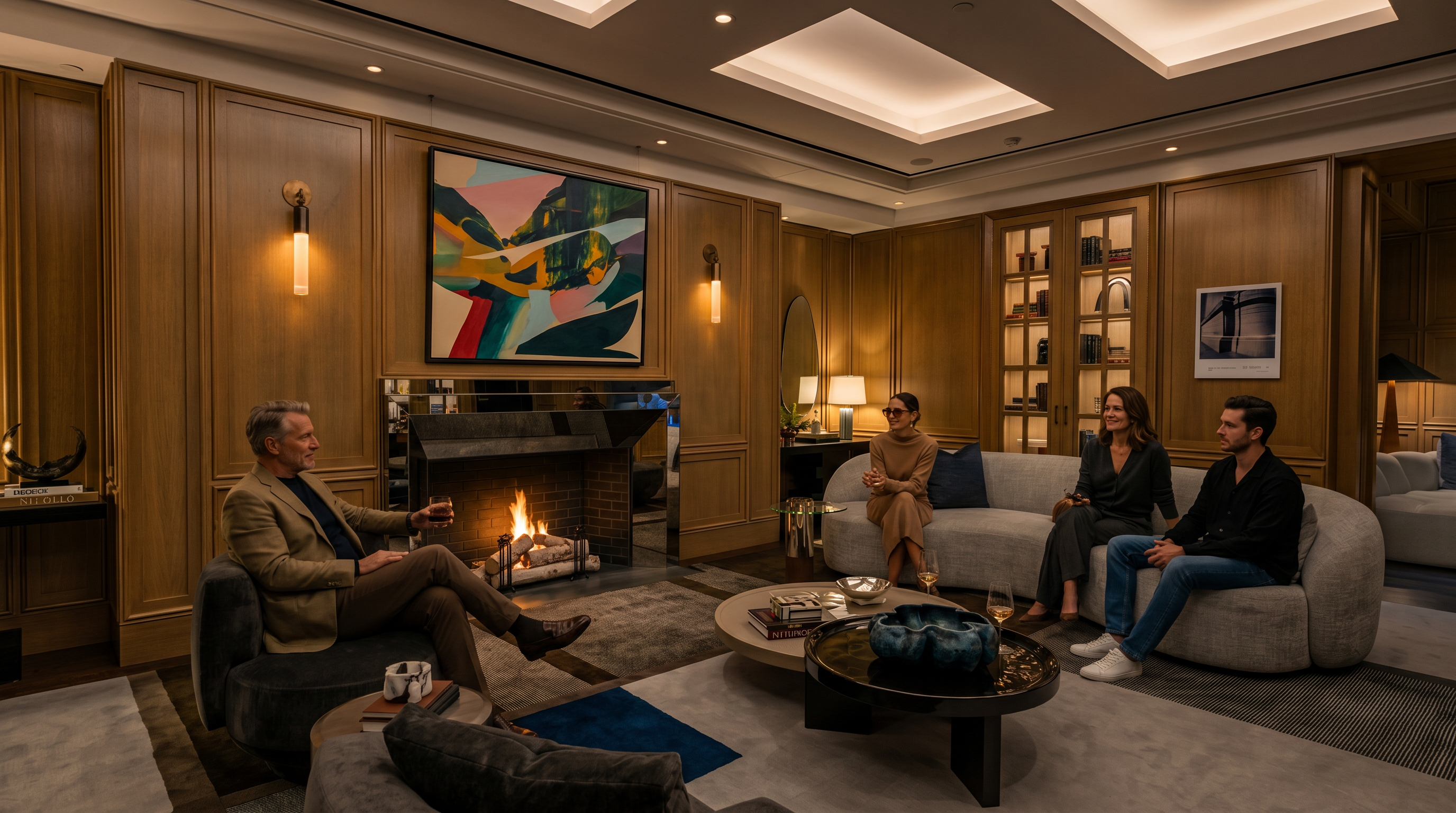 This sophisticated living room features warm wood-paneled walls and a central fireplace with a mirrored surround, topped by a vibrant abstract painting. A curved, light-toned sofa and two plush dark armchairs are arranged around a layered coffee table setup on a large area rug. The space is illuminated by recessed ceiling lights and elegant wall sconces, creating a luxurious and inviting atmosphere.