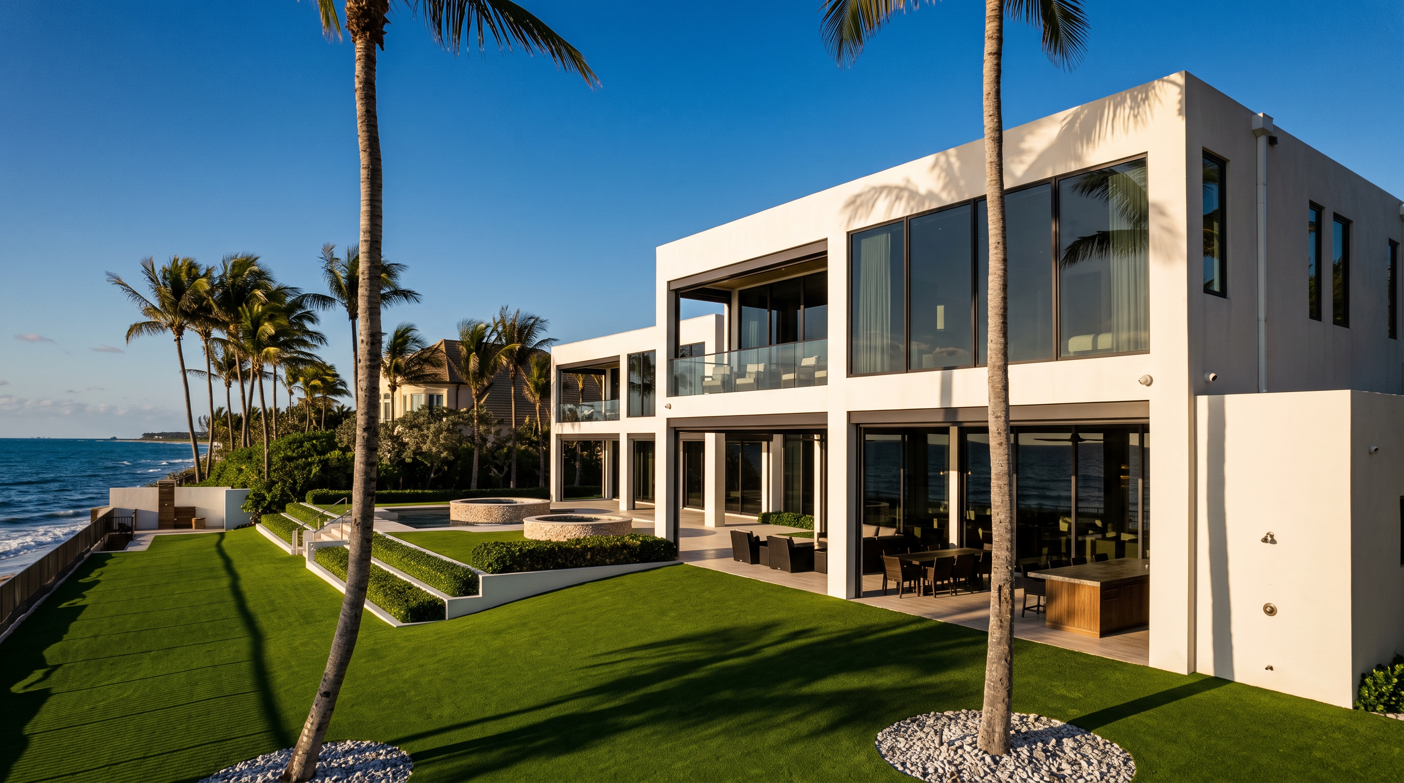 This modern, multi-story luxury residence features a sleek, white minimalist facade with expansive glass walls that offer seamless indoor-outdoor living. The property boasts a meticulously manicured green lawn that extends toward the ocean, framed by tall palm trees and tiered landscaping. The perspective captures the grand scale of the home's rear elevation, emphasizing its prime waterfront location and contemporary architectural design.