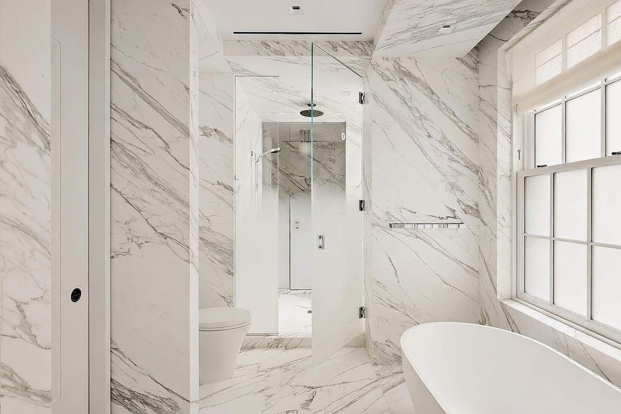 This luxurious primary bathroom features extensive use of white stone with dramatic grey veining on the walls and floors, creating a cohesive and high-end aesthetic. The space includes a freestanding soaking tub positioned near a large window, a glass-enclosed walk-in shower, and a minimalist toilet. The perspective is captured from a slightly elevated angle, emphasizing the clean lines and bright, airy atmosphere of the room.
