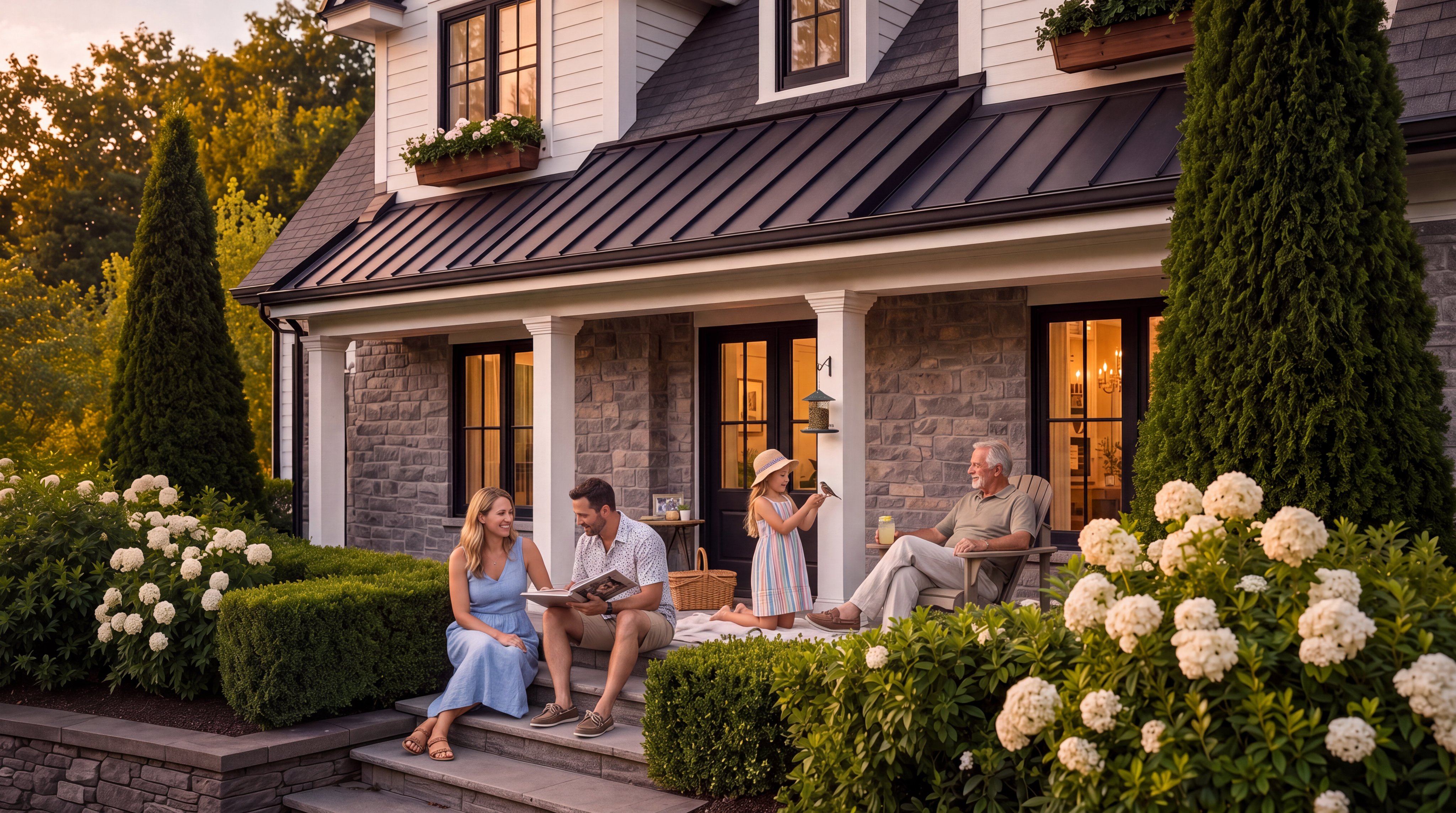 This charming entryway features a stone facade with a contrasting dark metal roof and white trim, offering a classic farmhouse aesthetic. A symmetrical porch with white columns leads to a double door, complemented by lush landscaping including neatly pruned hedges and flowering shrubs. The clean lines and meticulous curb appeal create an inviting and sophisticated first impression.