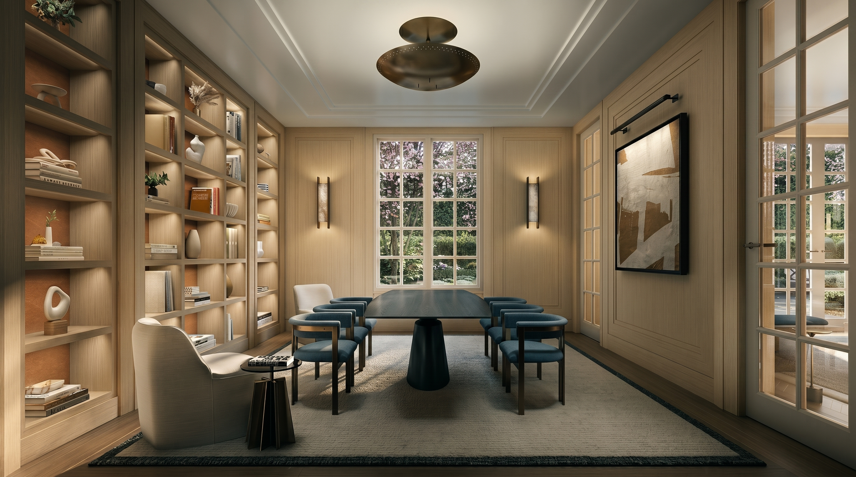 This sophisticated home office features extensive built-in shelving with integrated lighting, creating a warm and organized atmosphere. A central dark-toned table serves as a focal point, surrounded by upholstered chairs, while a plush area rug defines the workspace. The room is bathed in natural light from a large window, complemented by elegant wall sconces and a unique overhead light fixture, all set against light wood paneling.