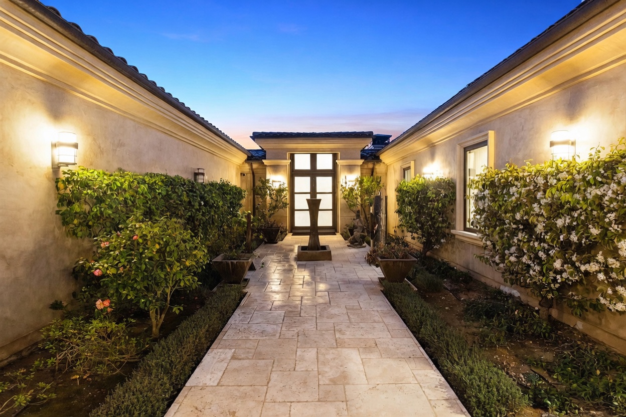 This elegant courtyard entryway features a stone-paved walkway leading directly to a grand, multi-paned glass door. The path is flanked by lush, manicured hedges and flowering shrubs, illuminated by warm wall-mounted sconces that create an inviting, symmetrical atmosphere. The perspective is centered, drawing the eye toward the central fountain feature and the sophisticated architectural design of the home's entrance.