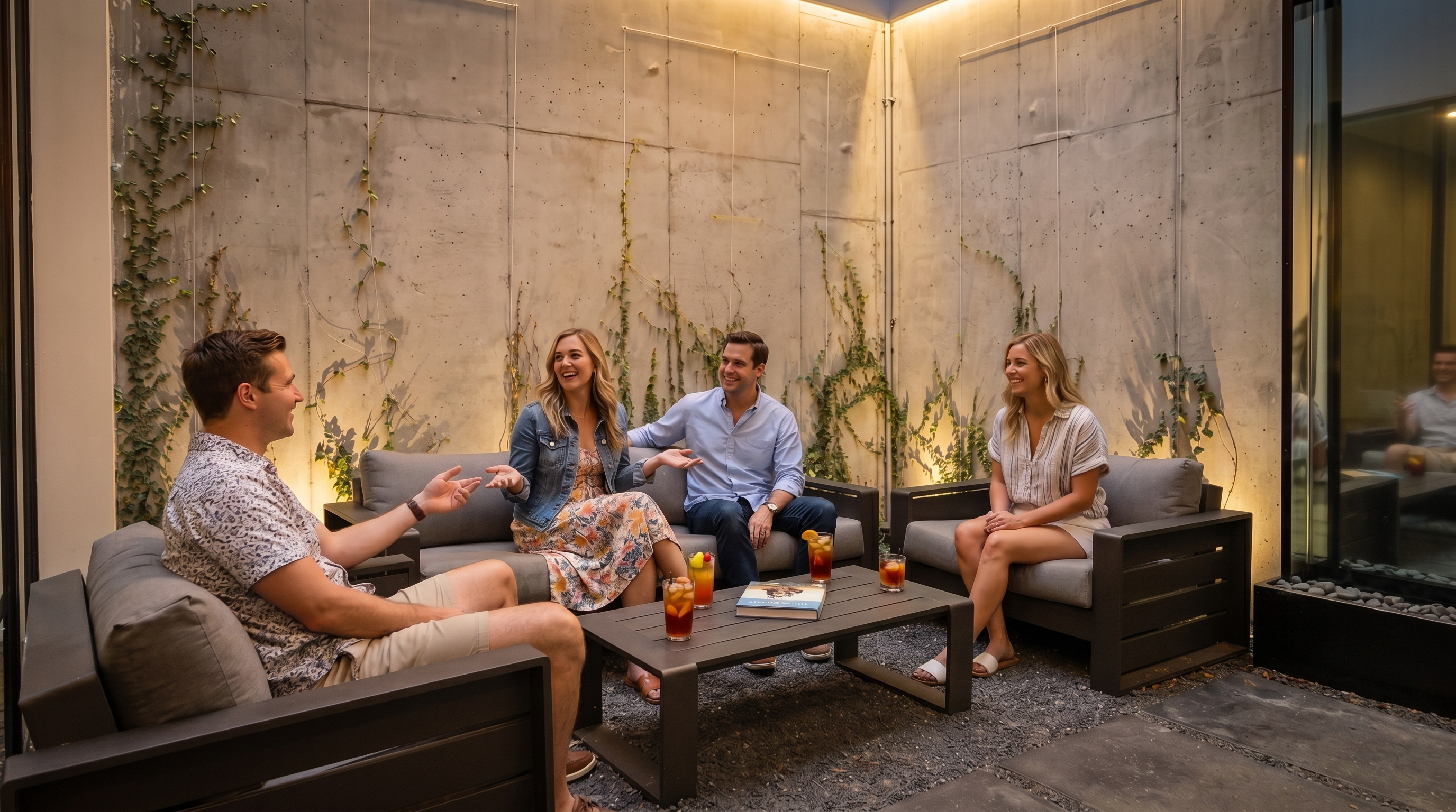 This modern, enclosed courtyard features high concrete walls adorned with climbing vines, creating a private and serene outdoor living space. The area is furnished with a contemporary sofa set and a low coffee table arranged on a mix of gravel and large stone pavers. A large glass wall provides a view into an interior room, enhancing the architectural connection between the indoor and outdoor environments.