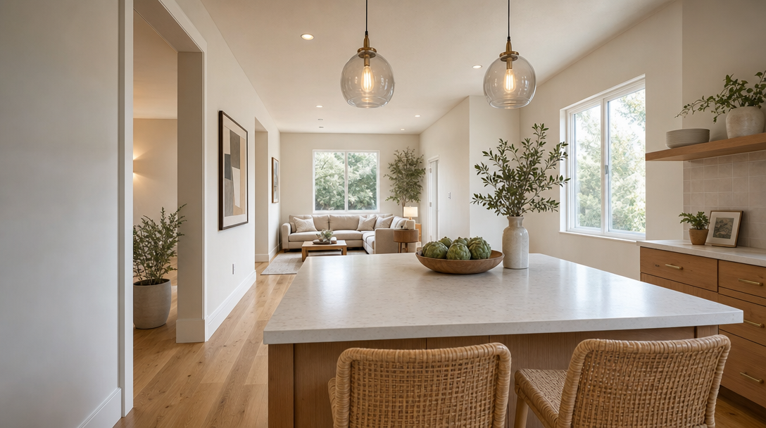 This bright and airy kitchen features a large central island topped with a white quartz countertop and paired with modern woven bar stools. The space is accented by natural wood cabinetry, stylish pendant lighting, and thoughtful decor like a centerpiece bowl of artichokes, creating a warm and sophisticated atmosphere. An open-concept layout provides a seamless view through to the adjacent living area, highlighting a clean, contemporary design aesthetic.